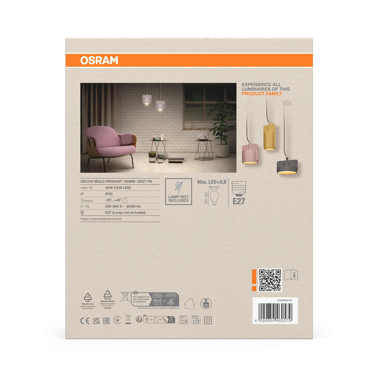 HÄNGELEUCHTE 19/150 cm   - Rosa, Basics, Stein (19/150cm) - Osram