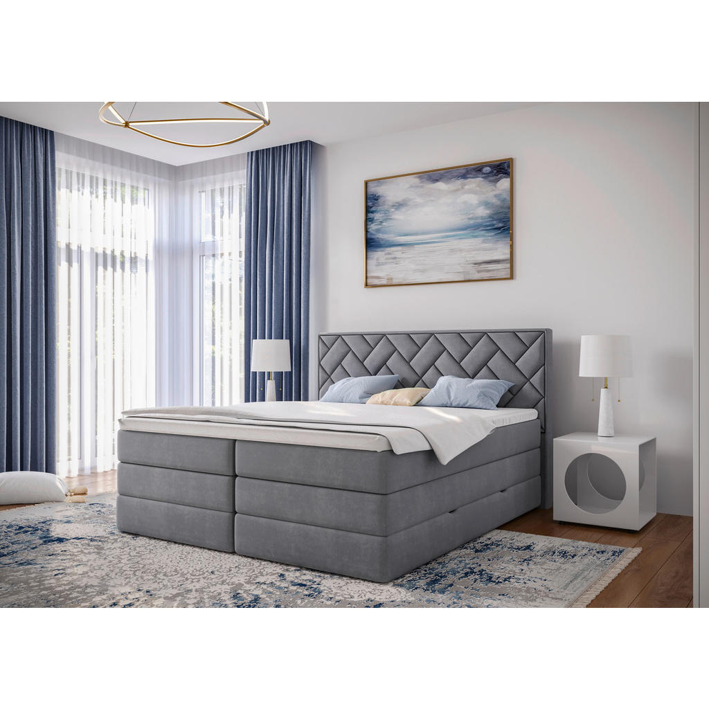Thumbnail - Mid.you Boxspringbett, Silber, Holzwerkstoff, H3 + H4, Höhe ca. 18 cm, 160x200 cm, Bettkasten, gepolstertes Kopfteil, To...
