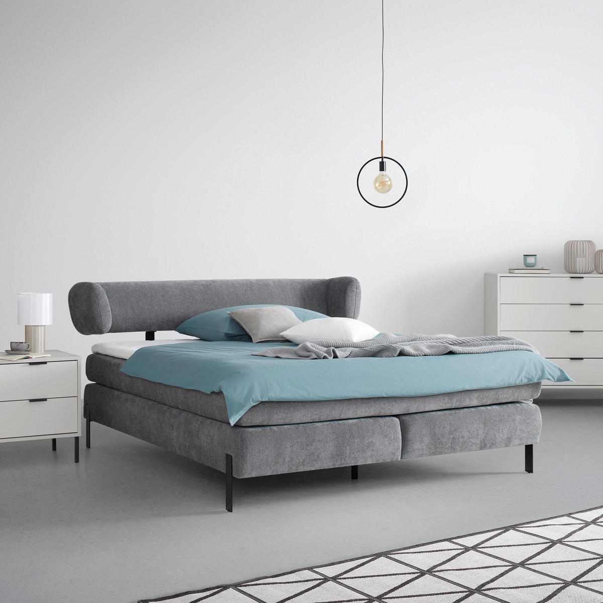 KONTINENTALSÄNG 180/200 cm  i grafitfärgad  - grafitfärgad/svart, Modern, metall/textil (180/200cm) - Visionight