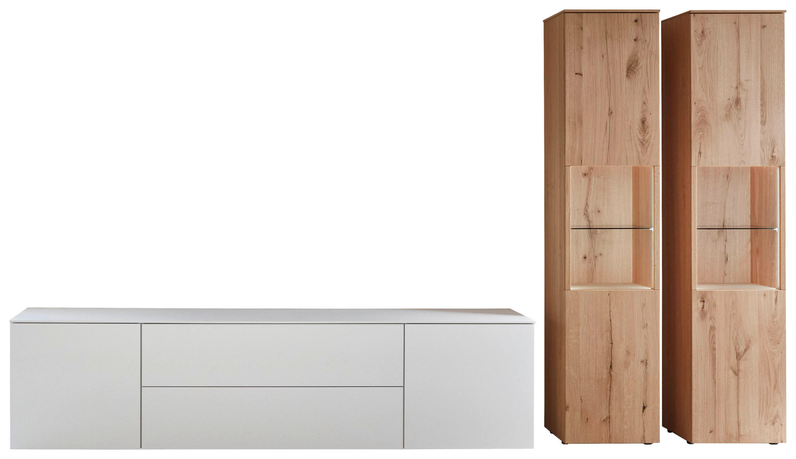 WOHNWAND  Weiss, Eichefarben 350/204,6/48,5 cm  - Weiss/Eichefarben, Design, Glas/Holz (350/204,6/48,5cm) - Celina Home