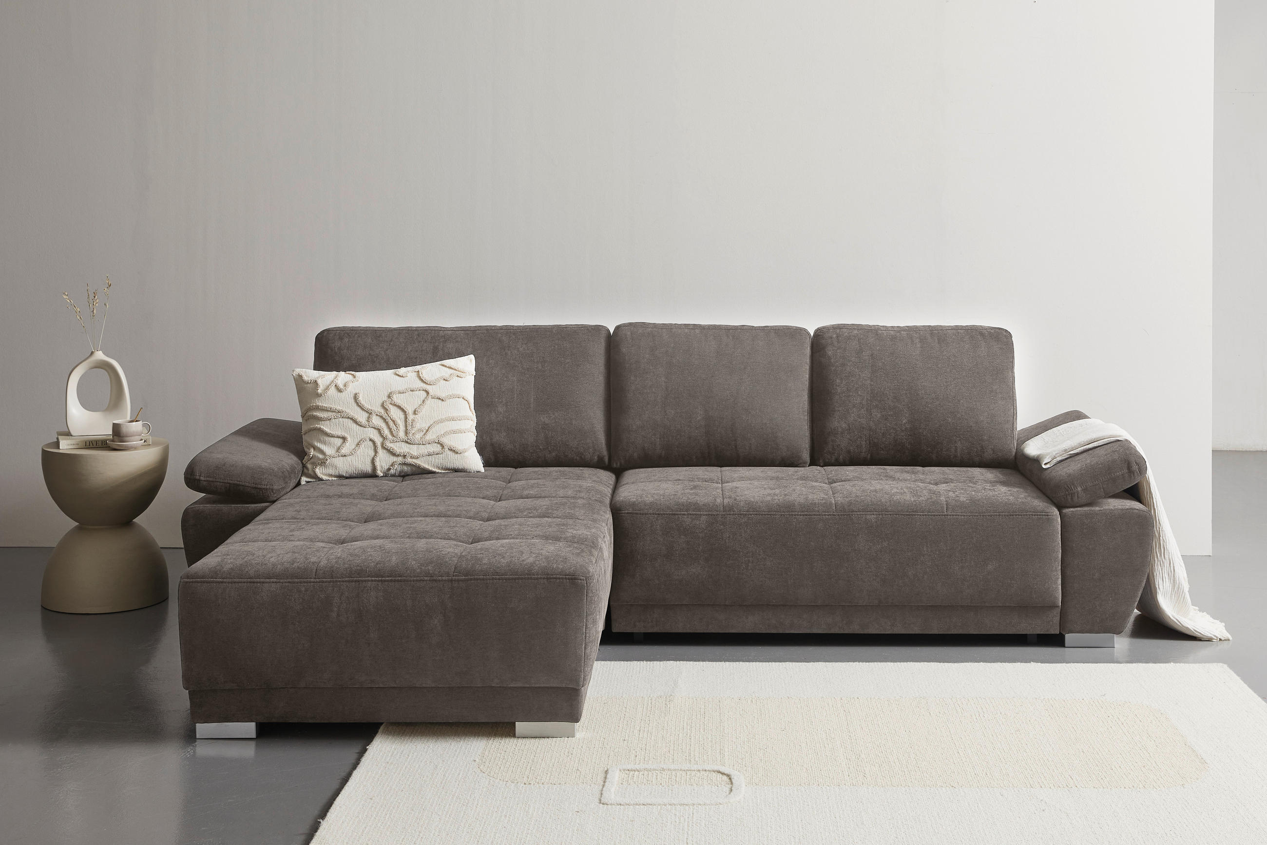 ECKSOFA Taupe Chenille  - Taupe/Silberfarben, KONVENTIONELL, Holz/Textil (187/293cm) - Carryhome