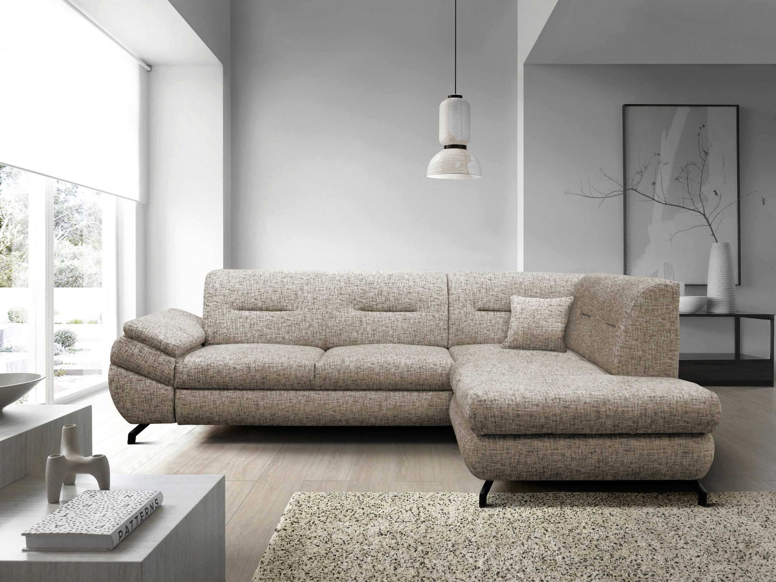 ECKSOFA in Struktur, Plüsch Hellbraun  - Hellbraun/Schwarz, Design, Textil/Metall (274/201cm) - MID.YOU