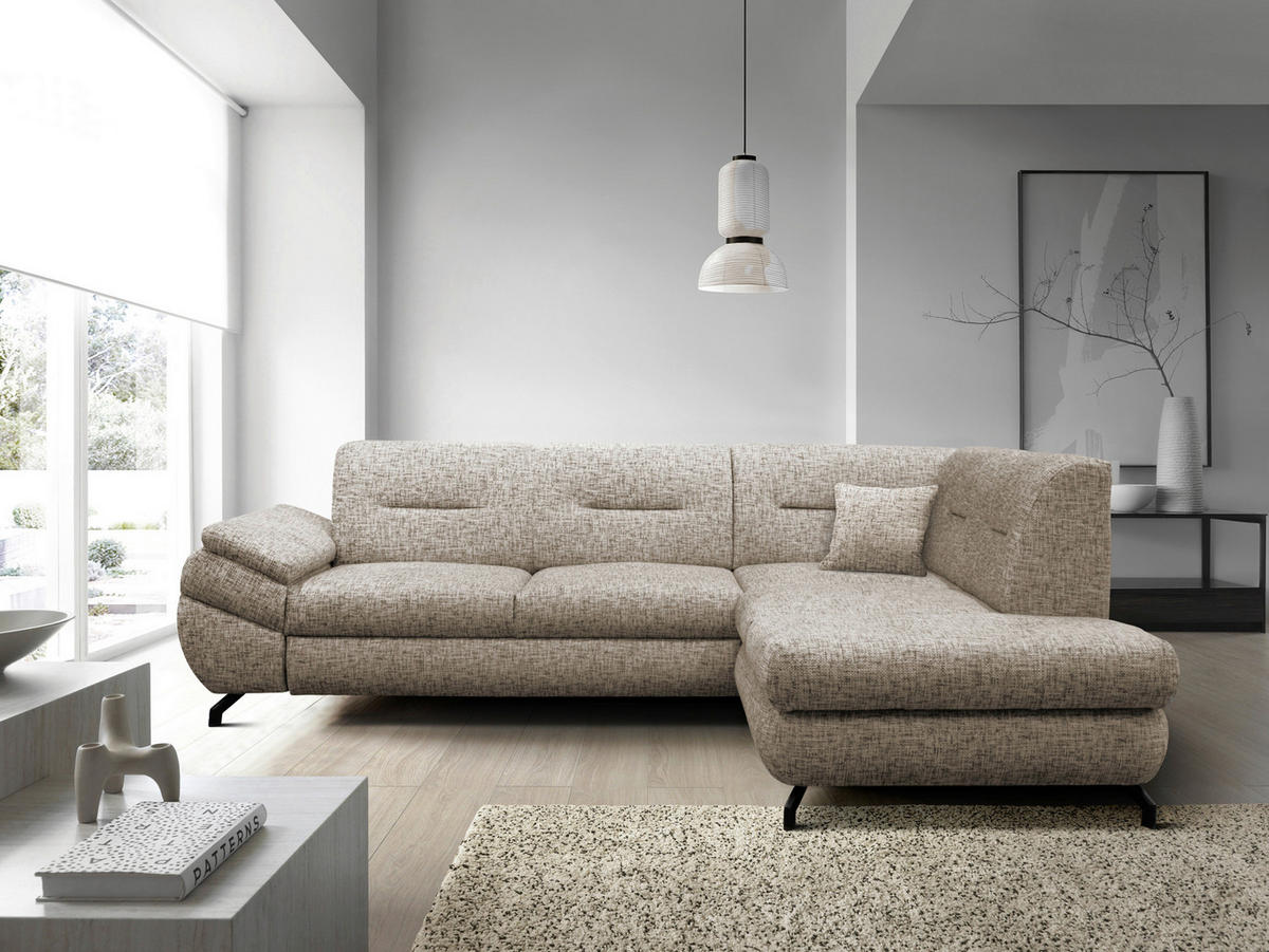 ECKSOFA Hellbraun Struktur, Plüsch  - Hellbraun/Schwarz, Design, Textil/Metall (274/201cm) - MID.YOU