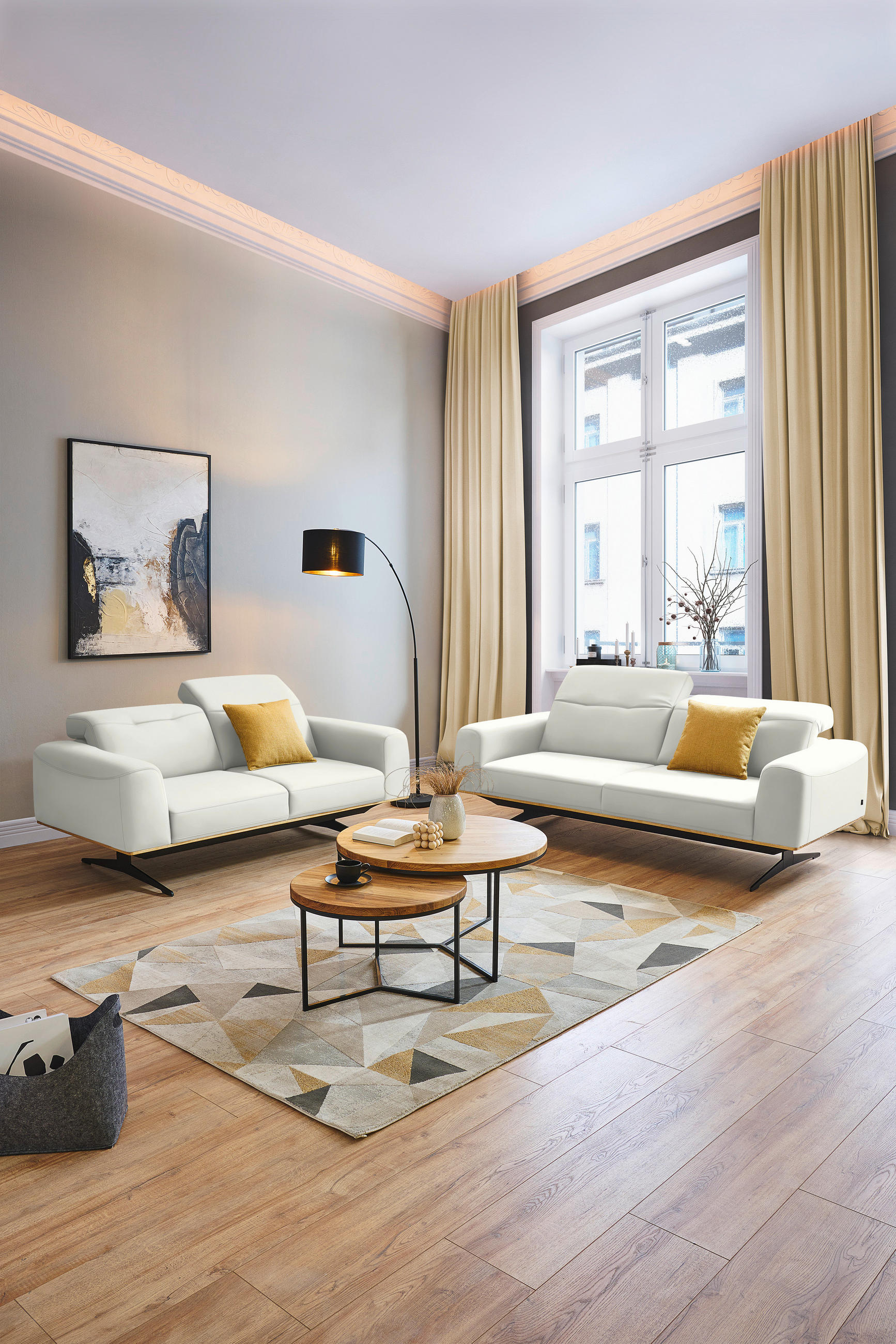 3-SITZER-SOFA in Leder Weiß  - Schwarz/Weiß, Design, Leder/Holz (205/76-97/102cm) - Novel