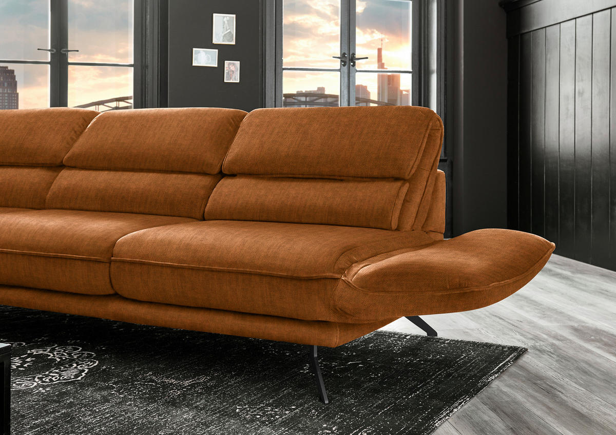 ECKSOFA in Velours Cognac  - Cognac/Schwarz, Design, Textil/Metall (153/283cm) - Valdera