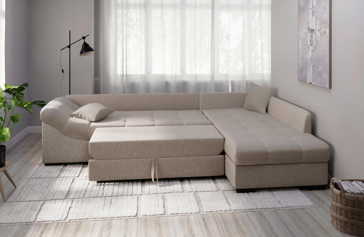 ECKSCHLAFSOFA in Taupe Textil   - Taupe/Schwarz, Modern, Holz/Textil (298cm) - MID.YOU
