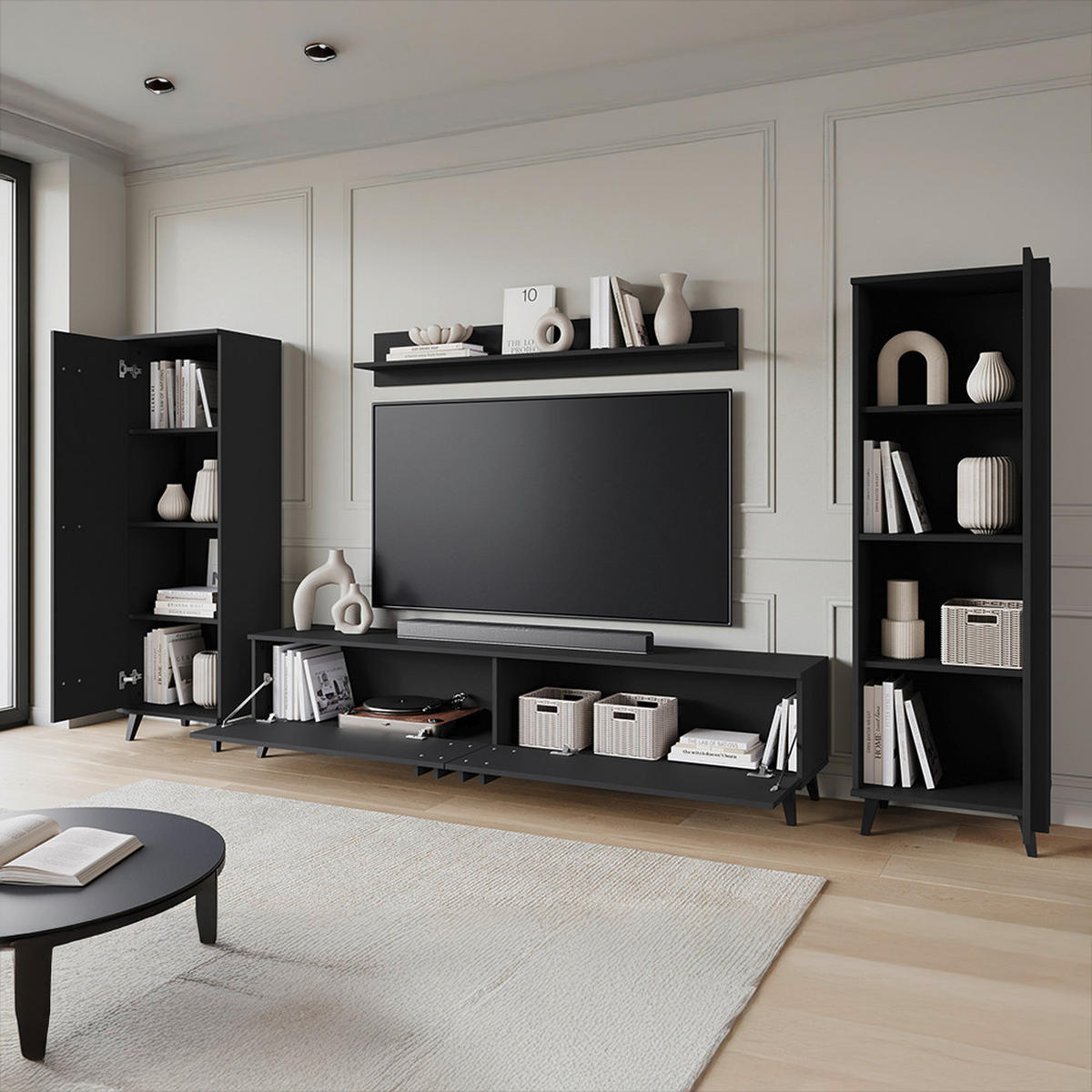 WOHNWAND 4-teilig  Schwarz 270/140/33 cm  - Schwarz, Trend, Holzwerkstoff/Kunststoff (270/140/33cm) - P & B