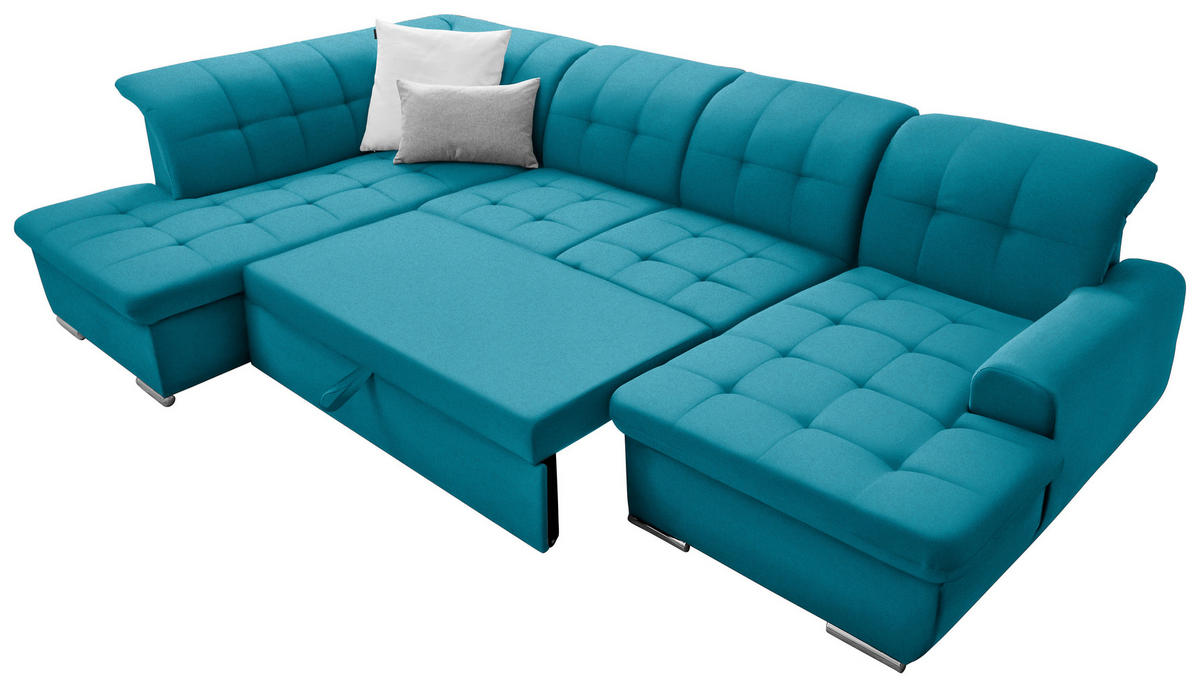 WOHNLANDSCHAFT inkl. Funktion Petrol Flachgewebe  - Silberfarben/Petrol, Design, Textil/Metall (208/342/145cm) - Cantus