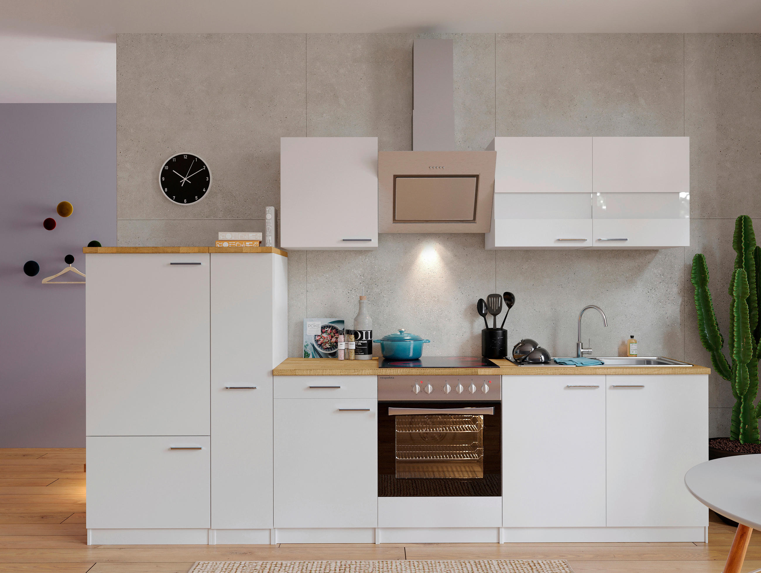 KÜCHENBLOCK 300 cm   in Weiß  - Edelstahlfarben/Nussbaumfarben, Basics, Holzwerkstoff/Metall (300cm) - Respekta