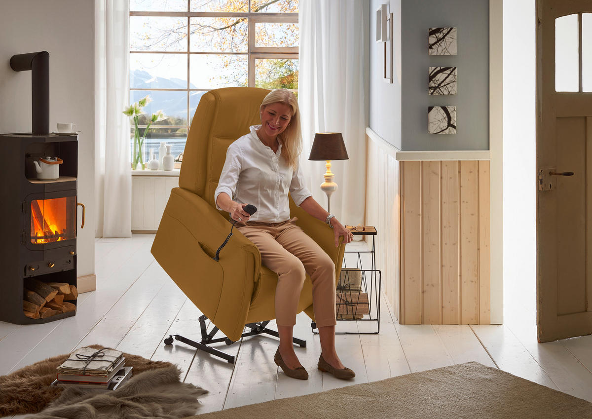 FERNSEHSESSEL Valdera  mit Relaxfunktion, Aufstehhilfe, Rücken echt Echtleder Senfgelb  - Senfgelb/Schwarz, KONVENTIONELL, Leder/Kunststoff (70/107/88cm) - Livetastic