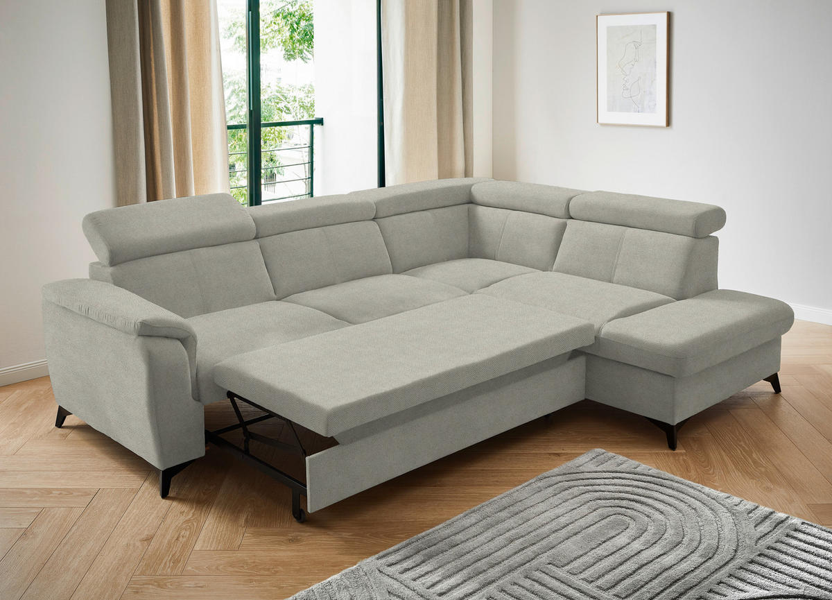 ECKSOFA in Webstoff Ecru  - Ecru/Schwarz, Design, Textil/Metall (260/203cm) - Stylife