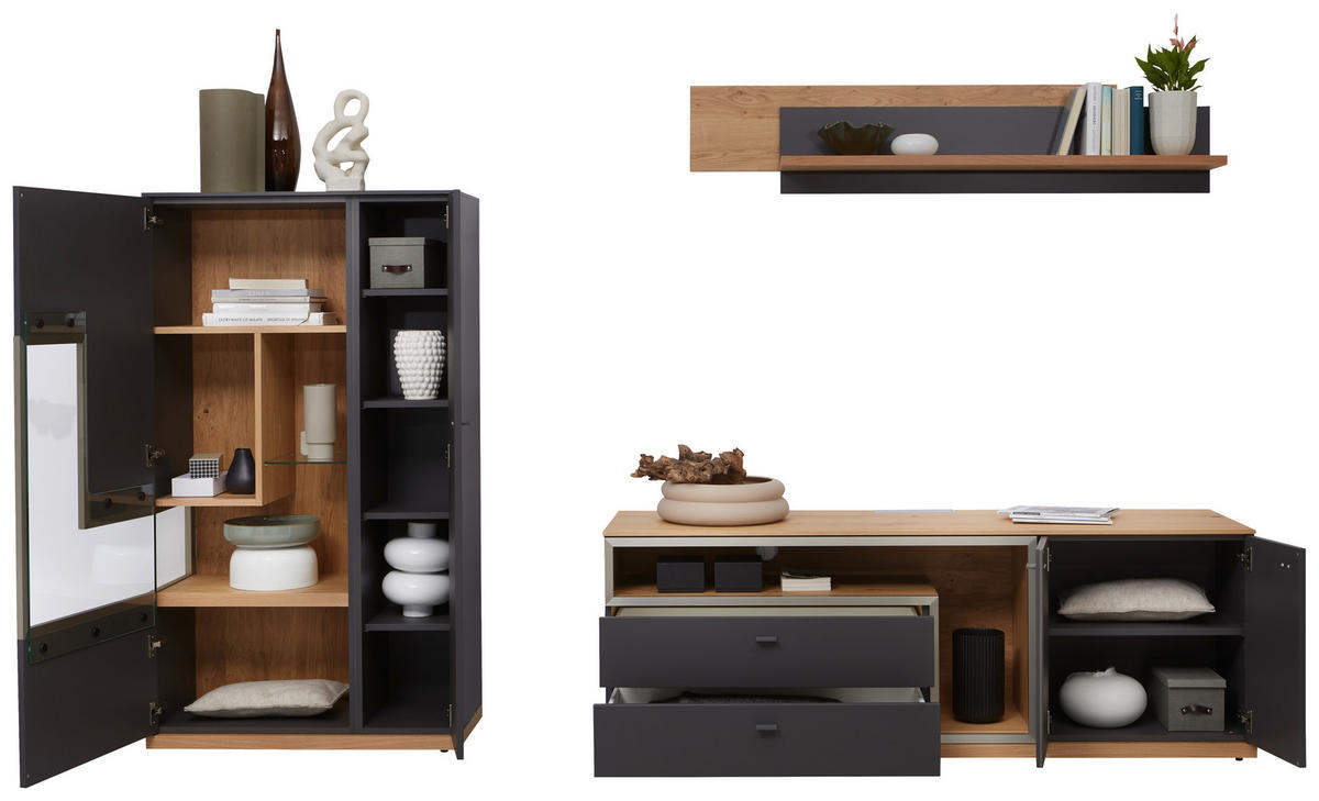 WOHNWAND 3-teilig  in Grau, Eichefarben  290/161/52 cm  - Schieferfarben/Eichefarben, Design, Glas/Holz (290/161/52cm) - Dieter Knoll