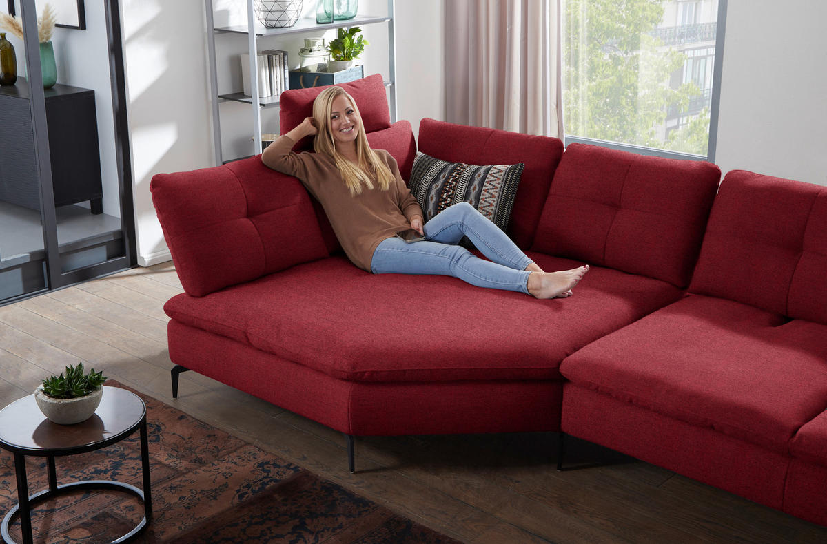 ECKSOFA in Flachgewebe Bordeaux  157/344 cm  - Bordeaux/Schwarz, Design, Textil/Metall (157/344cm) - Chilliano