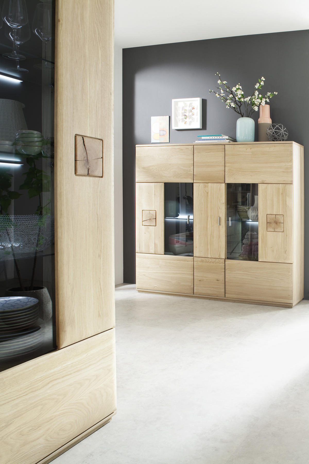 HIGHBOARD  in 150/141/38 cm  - Eichefarben/Nickelfarben, Design, Glas/Holz (150/141/38cm) - Livetastic
