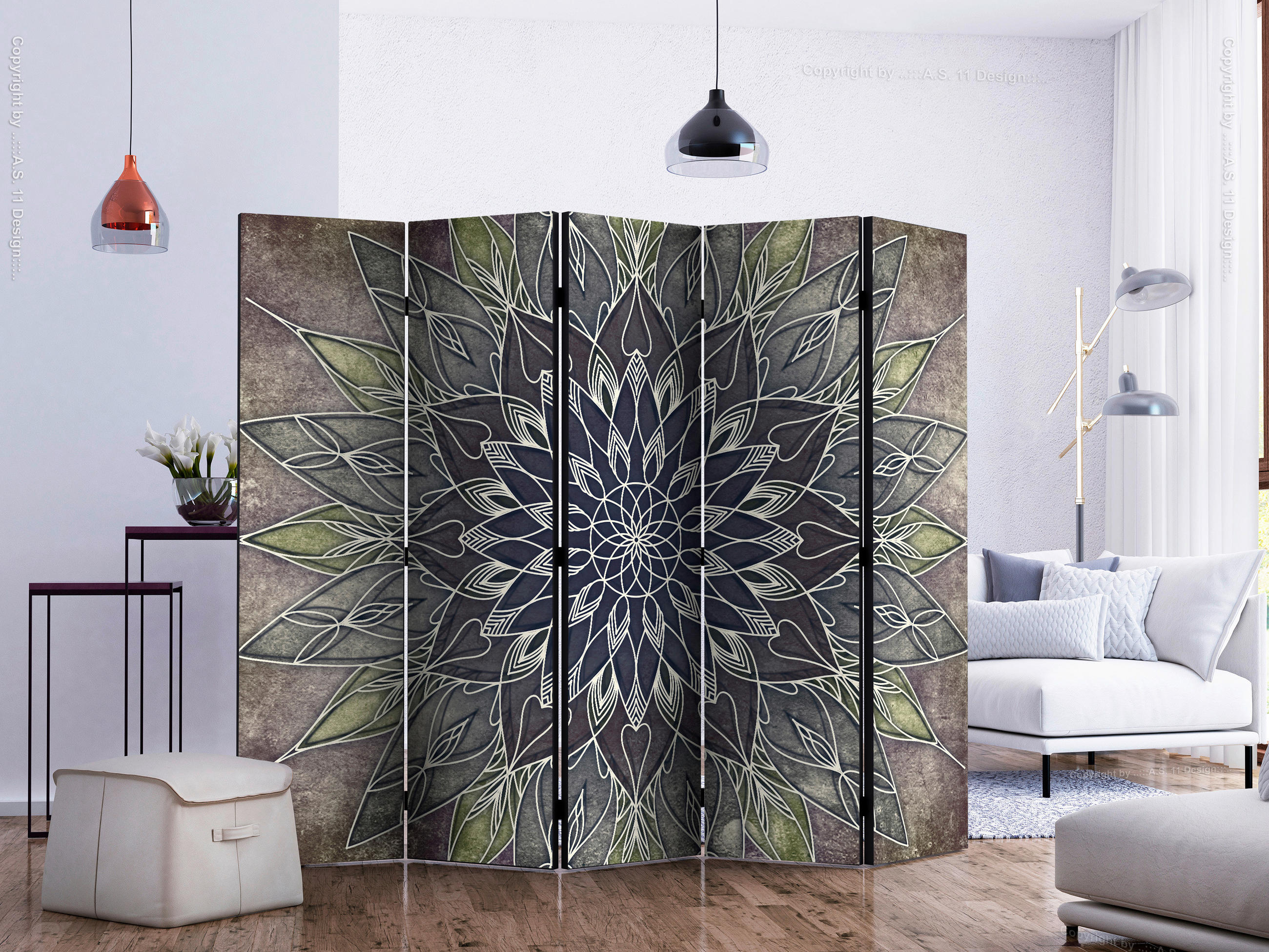 PARAVENT mit 5  Flügel - Dunkelgrau/Braun, Basics, Holz/Textil (225/172/3cm) - artgeist