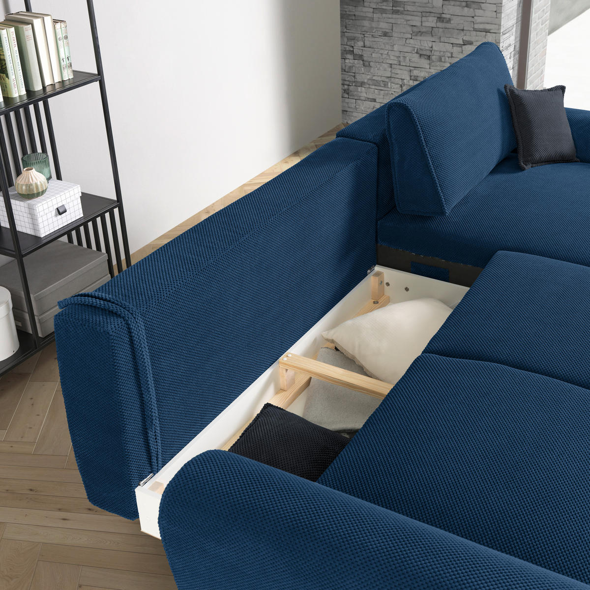 ECKSOFA in Webstoff Blau  - Blau/Schwarz, Design, Textil/Metall (272/170cm) - Welnova