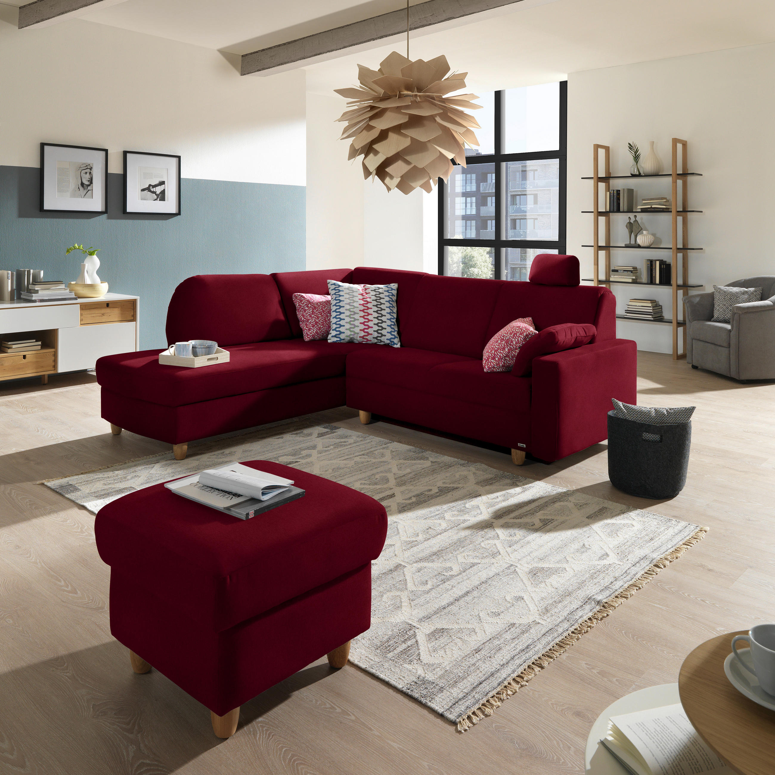 ECKSOFA in Flachgewebe Bordeaux  208/227 cm  - Eichefarben/Bordeaux, KONVENTIONELL, Holz/Textil (208/227cm) - Sedda