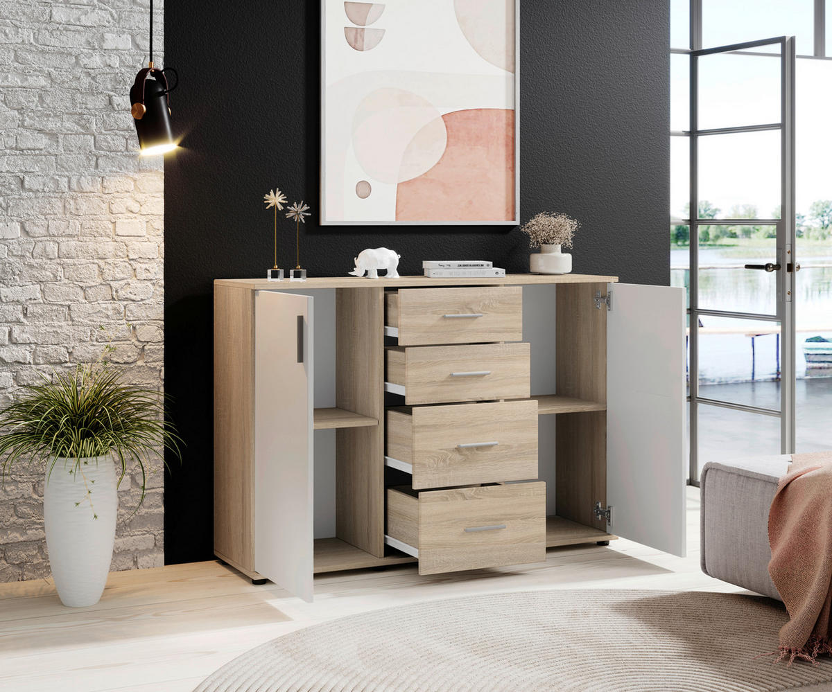 KOMMODE 120/82/35 cm  in Weiß, Sonoma Eiche  - Silberfarben/Schwarz, Design, Holzwerkstoff/Kunststoff (120/82/35cm) - Carryhome