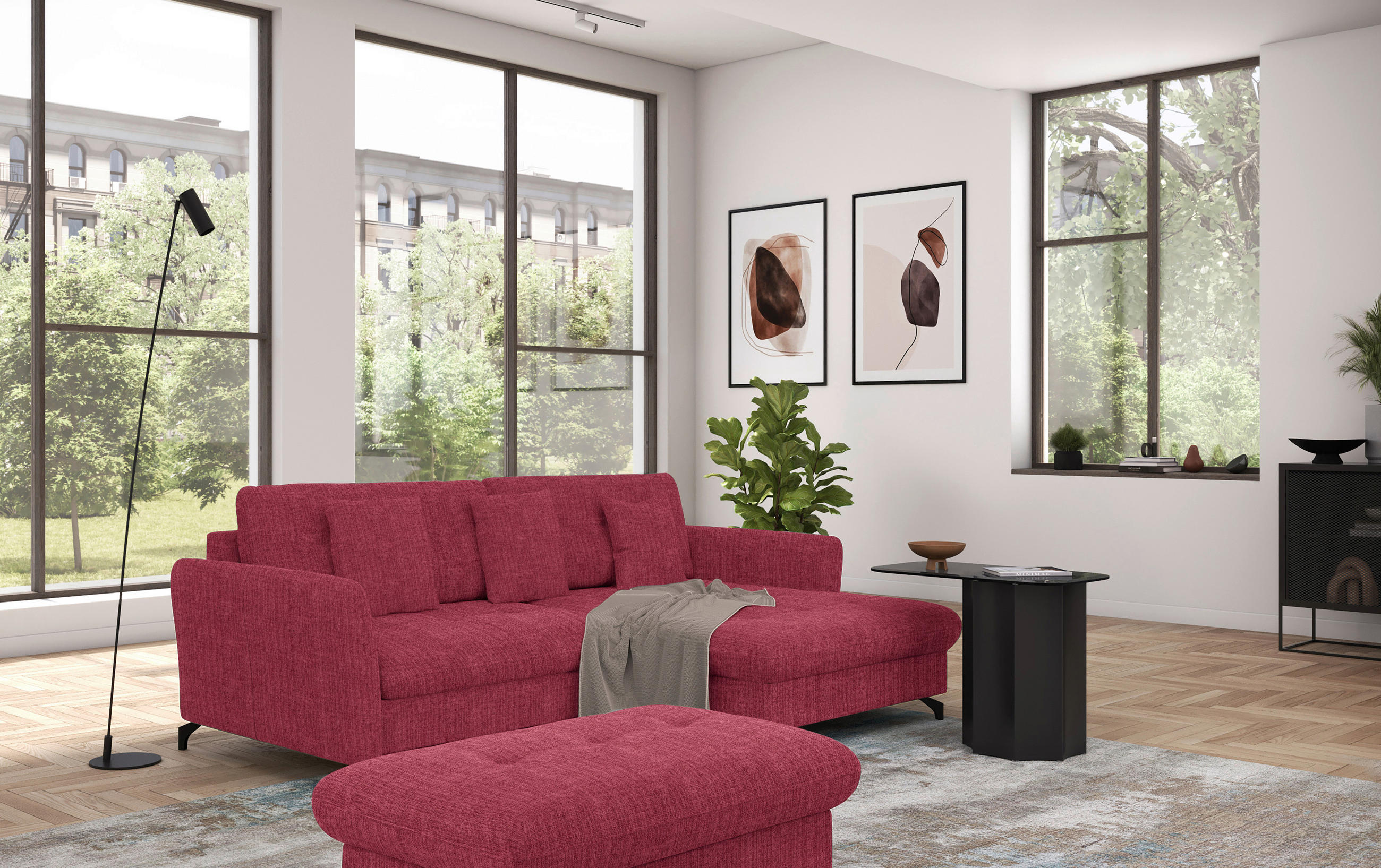 ECKSOFA in Flachgewebe, Leinenoptik Rot - Rot/Schwarz, Design, Textil/Metall (242/170cm) - Xora