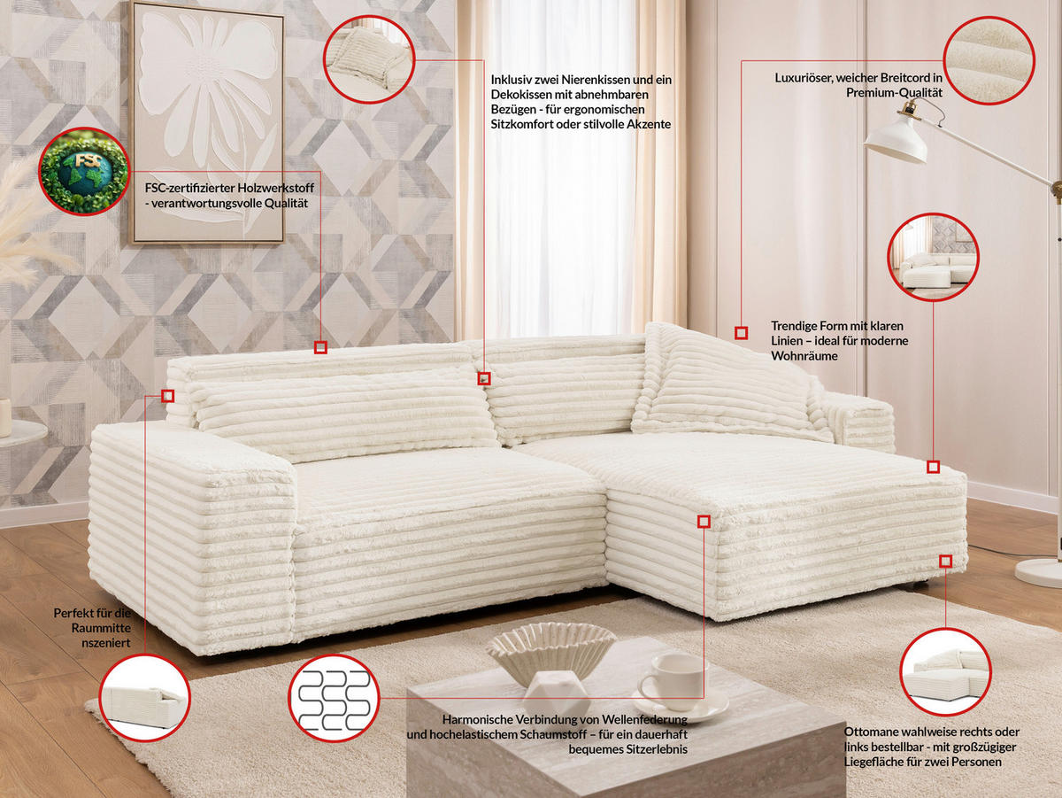 ECKSOFA Cord Beige  - Beige/Schwarz, Design, Kunststoff/Textil (251/142cm) - P & B
