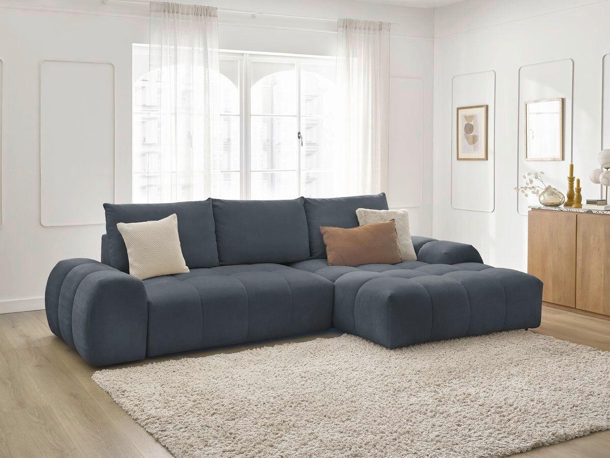 ECKSCHLAFSOFA EVEREST  mit Rücken echt, Armteil links, Armteil rechts Struktur Dunkelblau  - Schwarz/Dunkelblau, MODERN, Kunststoff/Textil (318/180cm) - Livetastic