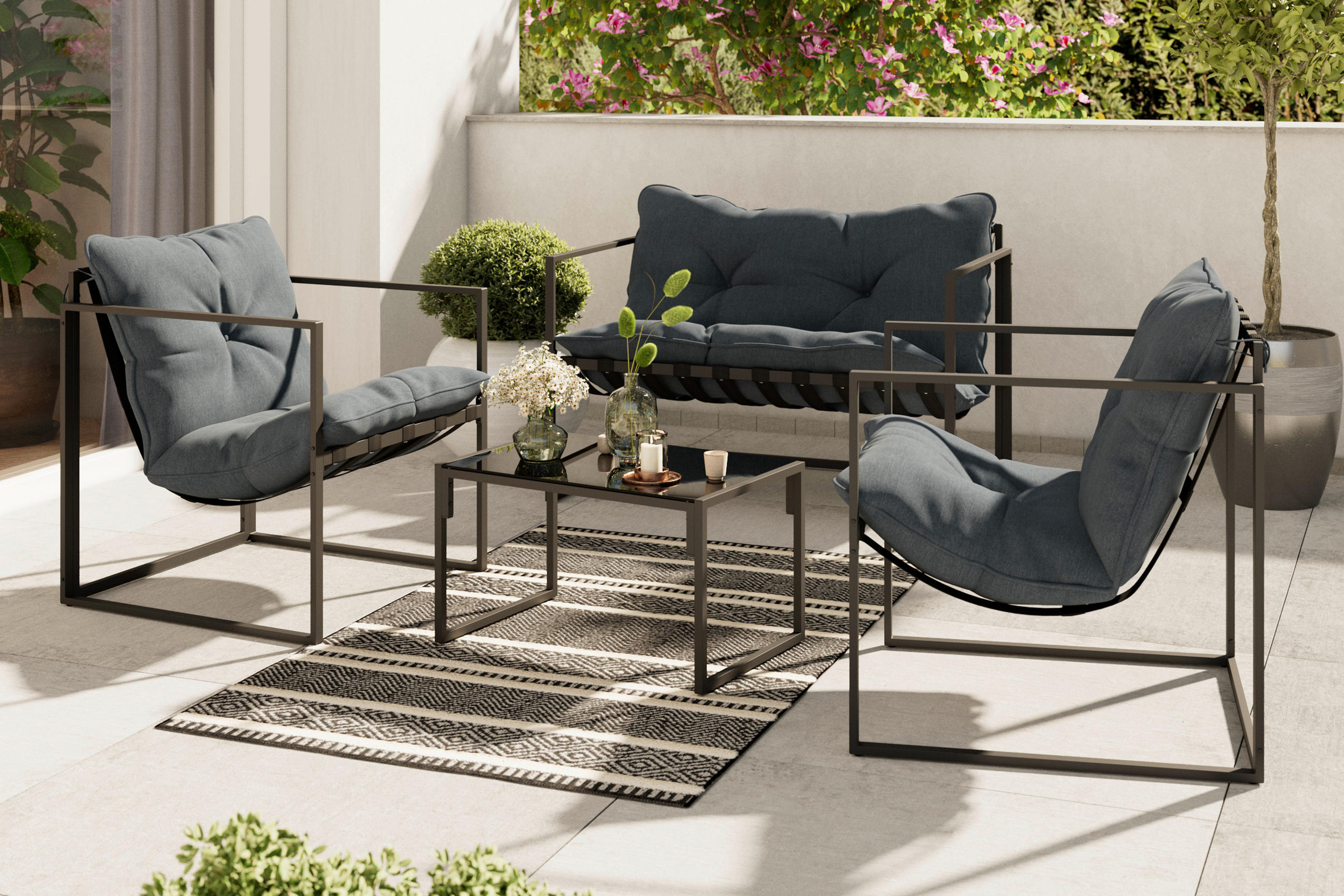 LOUNGE ÉTKEZŐGARNITÚRA 4 részes   114/67/70 cm  - fekete/sötétszürke, Trend, Üveg/textil (114/67/70cm) - Ambia Garden