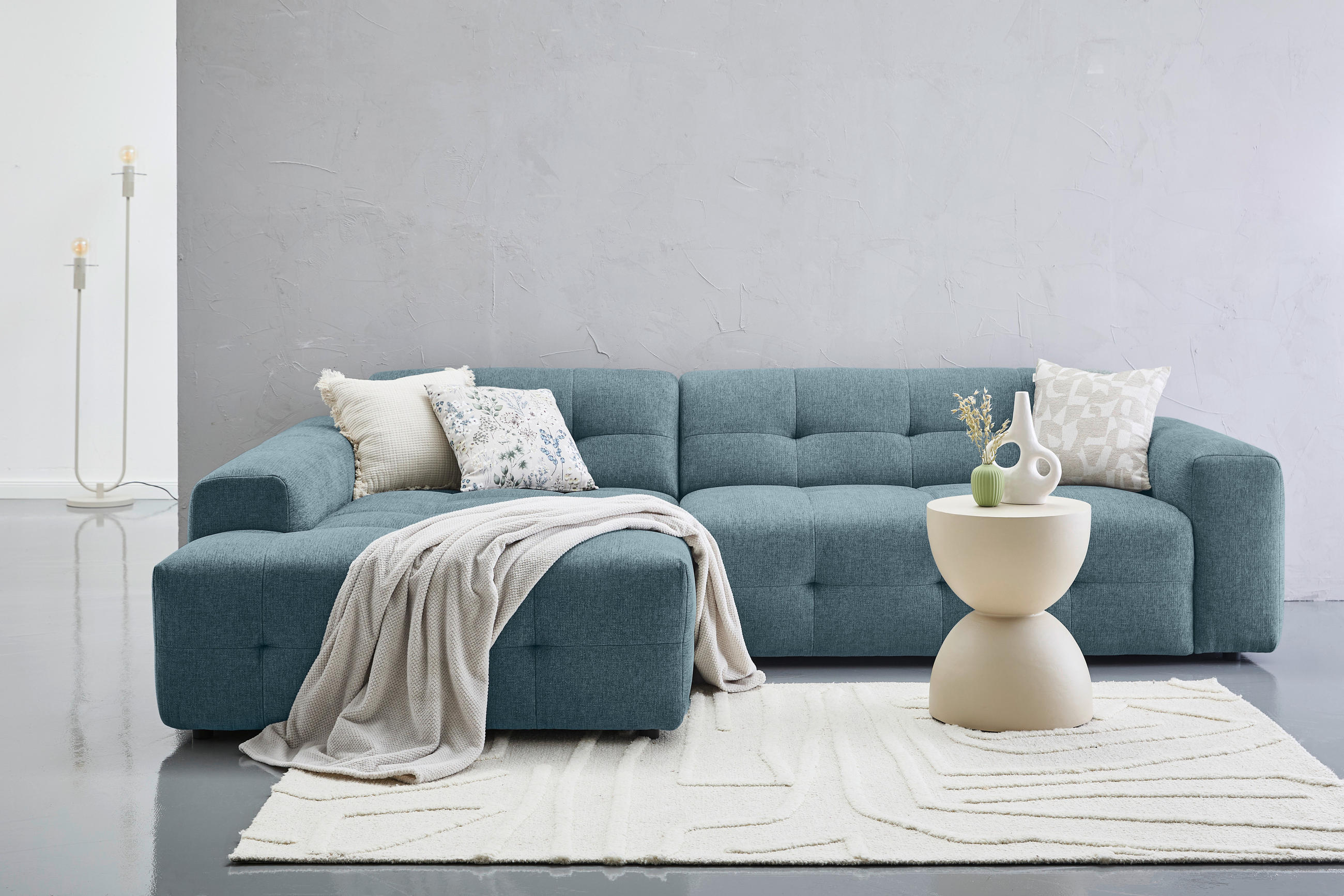 Thumbnail - Carryhome Ecksofa, Petrol, Textil, 3-Sitzer, Ottomane links, L-Form, 292x189 cm, seitenverkehrt erhältlich, Rücken echt,...