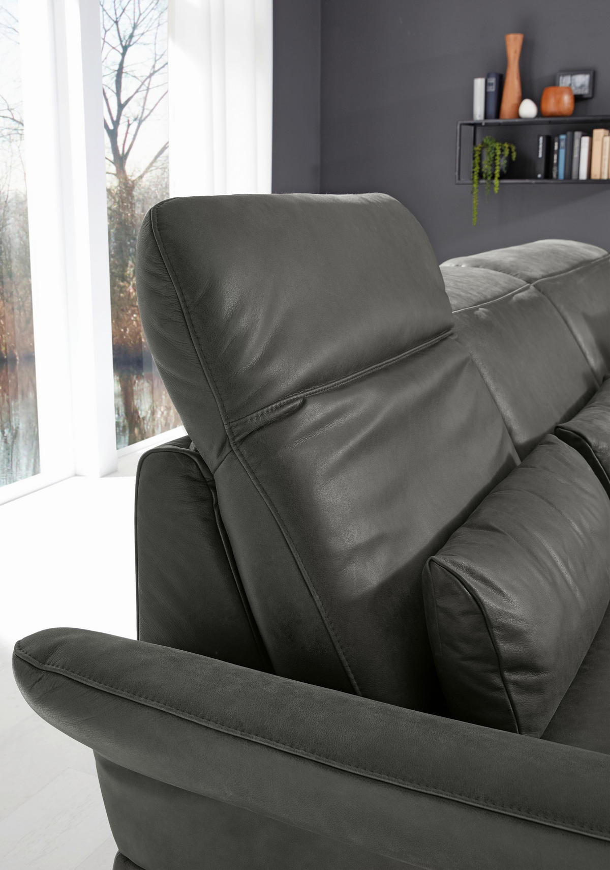 ECKSOFA Dunkelgrau Echtleder  - Dunkelgrau/Schwarz, Design, Leder/Metall (193/312cm) - Musterring