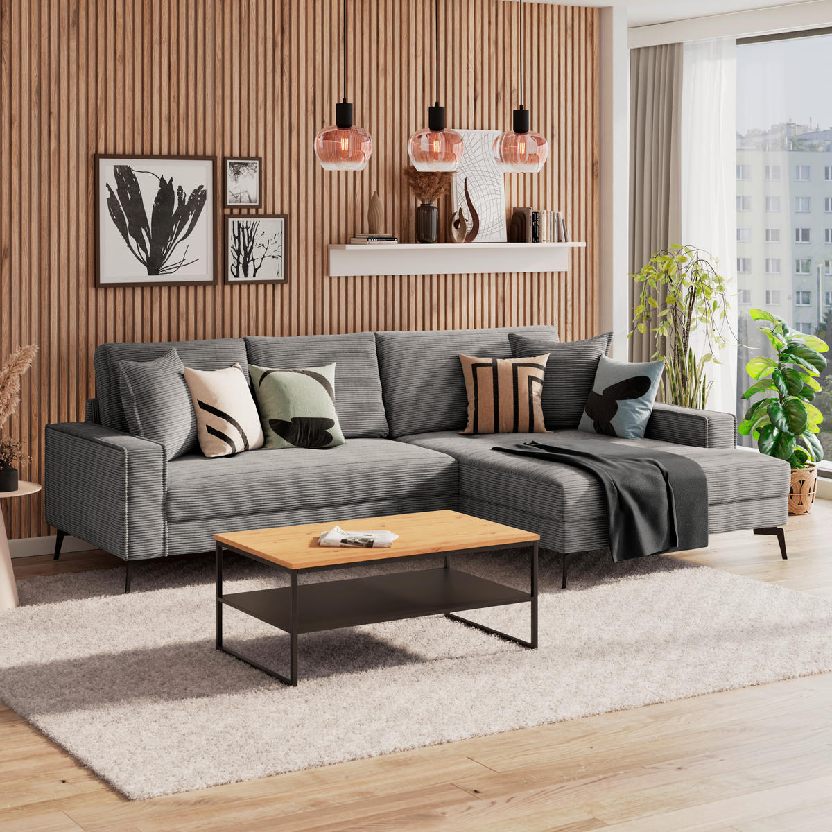 ECKSOFA ZERO Anthrazit Cord Zierkissen, Rückenkissen  - Anthrazit/Schwarz, Trend, Textil/Metall (286/173cm) - Livetastic