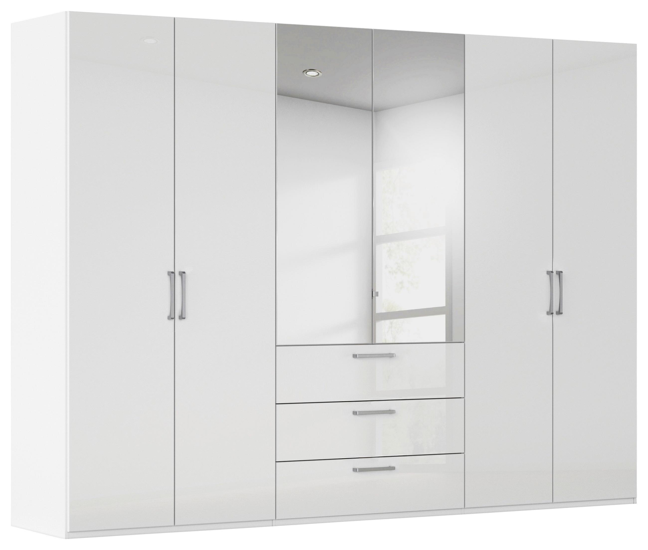 DREHTÜRENSCHRANK 301/235/61 cm,  in Weiß, Weiß Hochglanz, 6-türig  - Chromfarben/Edelstahlfarben, Basics, Glas/Holzwerkstoff (301/235/61cm) - Novel
