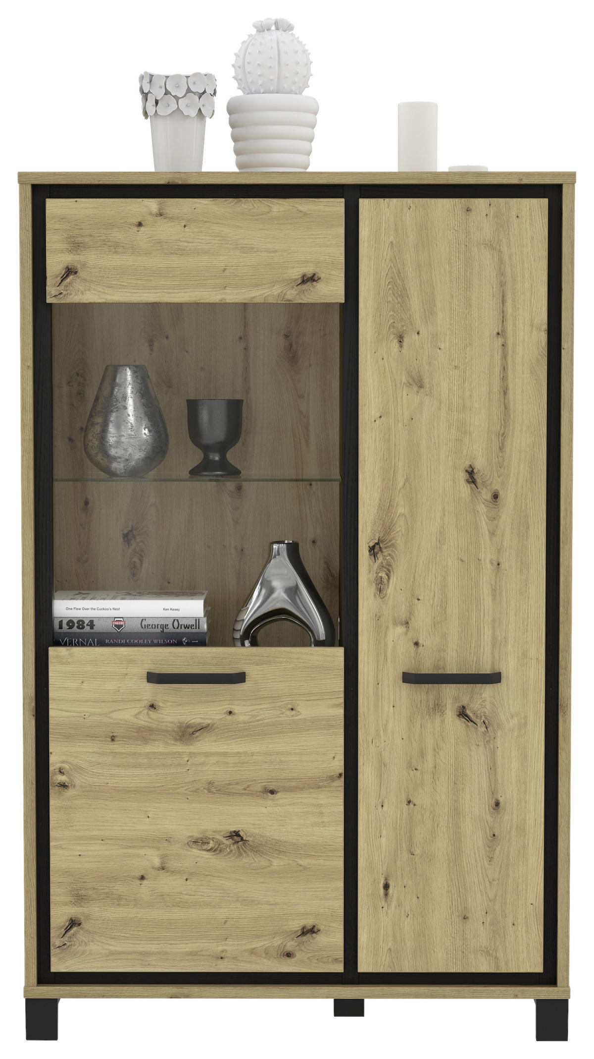 HIGHBOARD  in 101.4/161/41.5 cm  - Eichefarben/Schwarz, Basics, Glas/Holzwerkstoff (101.4/161/41.5cm) - Livetastic