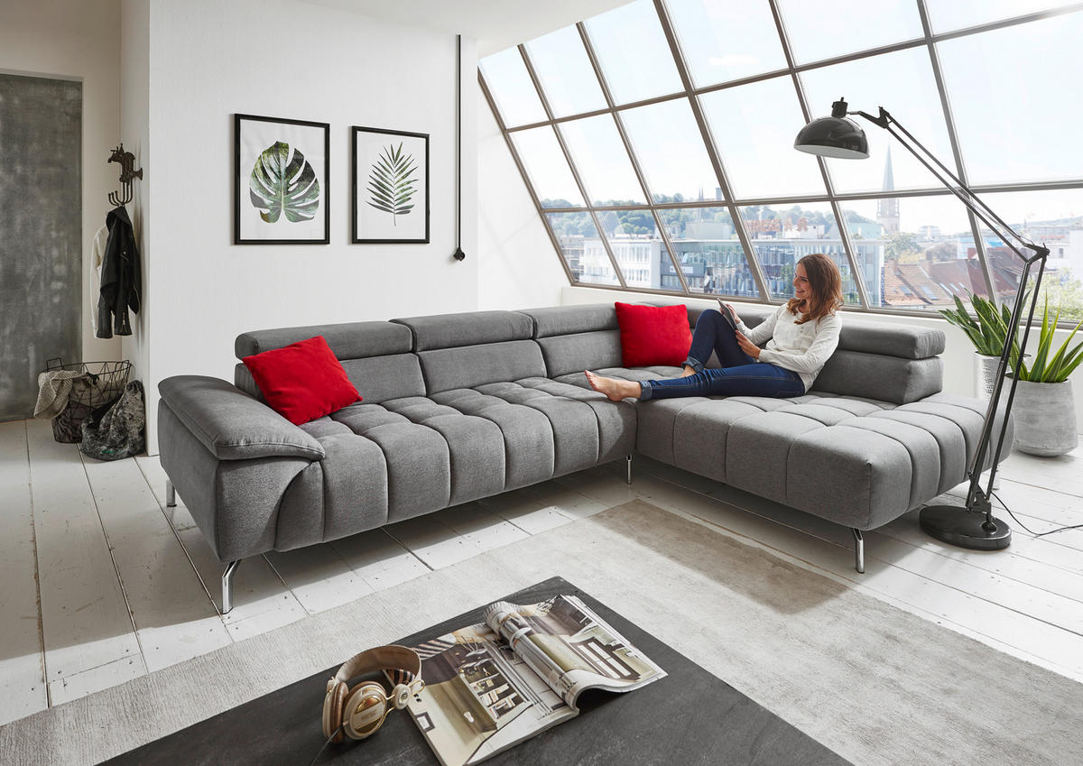 ECKSOFA Grau Chenille  - Chromfarben/Grau, Design, Textil/Metall (323/222cm) - Beldomo Style
