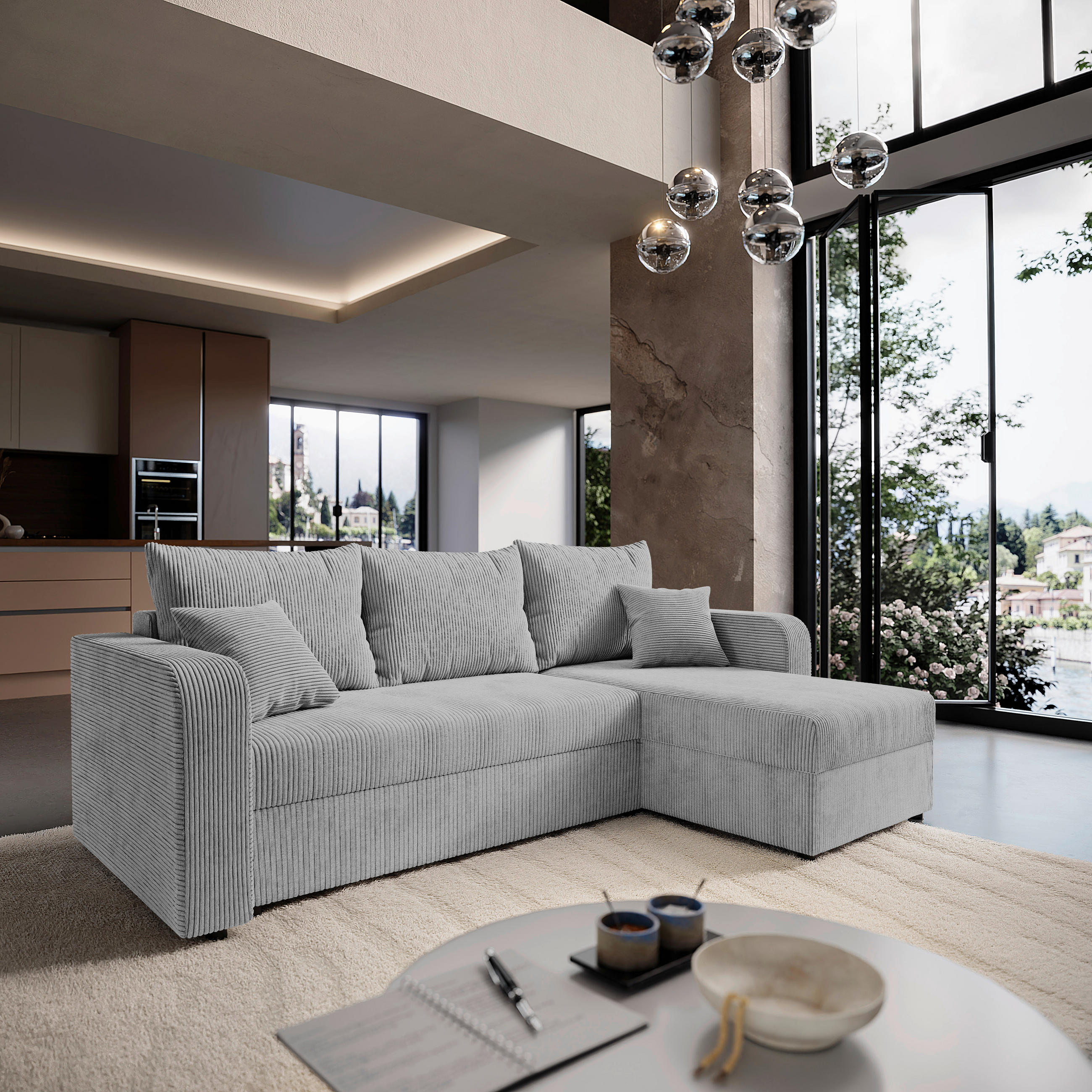 ECKSOFA Grau Cord  - Schwarz/Grau, KONVENTIONELL, Kunststoff/Textil (140/240cm) - Carryhome