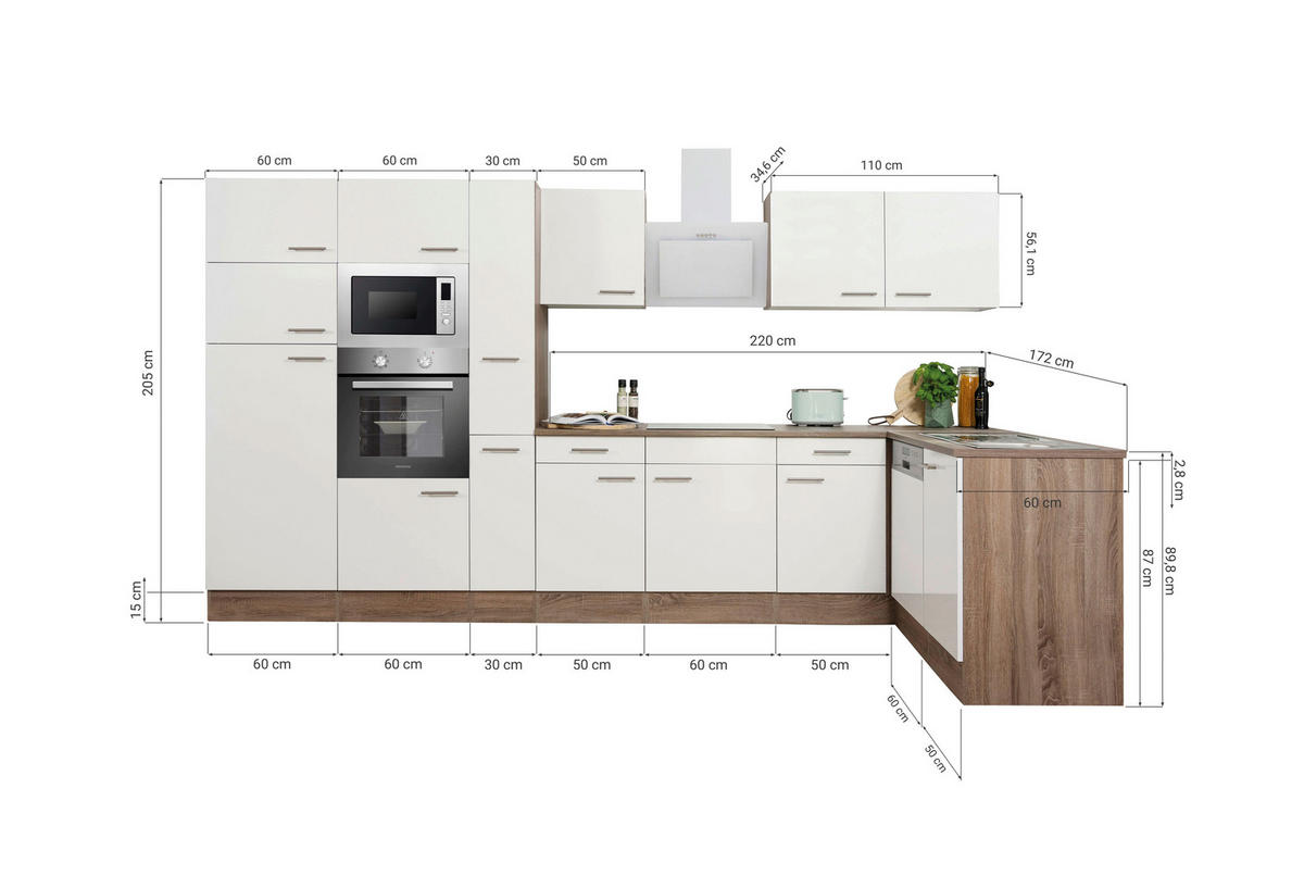 HÖRNKÖK 370/172 cm  i vit  - vit/ekfärgad, Basics, metall/trämaterial (370/172cm) - Respekta