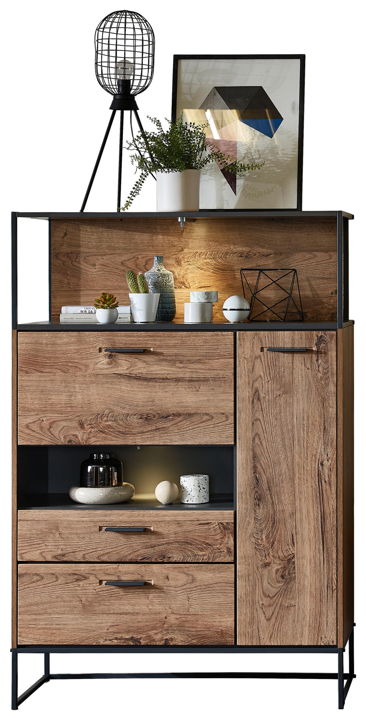 FÉLMAGAS SZEKRÉNY 99/151/38 cm  - grafitszürke/tölgyfa színű, Modern, faalapú anyag/Üveg (99/151/38cm) - Hom`in