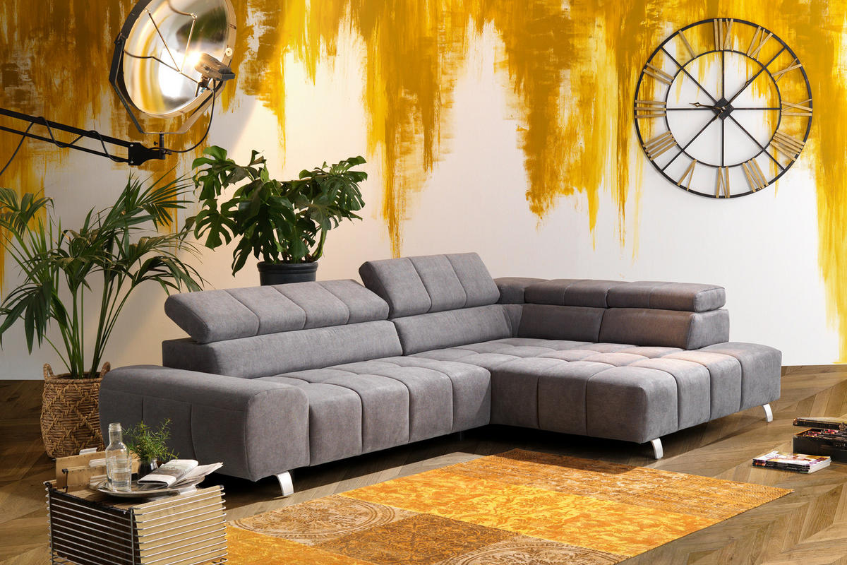 ECKSOFA Dunkelgrau Webstoff  - Dunkelgrau/Silberfarben, Design, Textil/Metall (295/201cm) - Hom`in