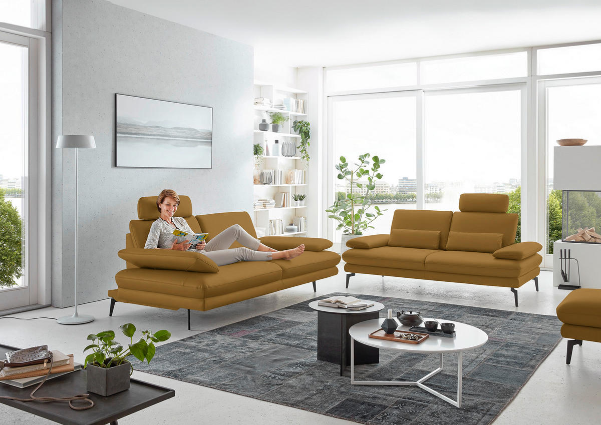 3-SITZER-SOFA in Leder Currygelb  - Currygelb/Schwarz, Design, Leder/Metall (222/86/104cm) - Dieter Knoll