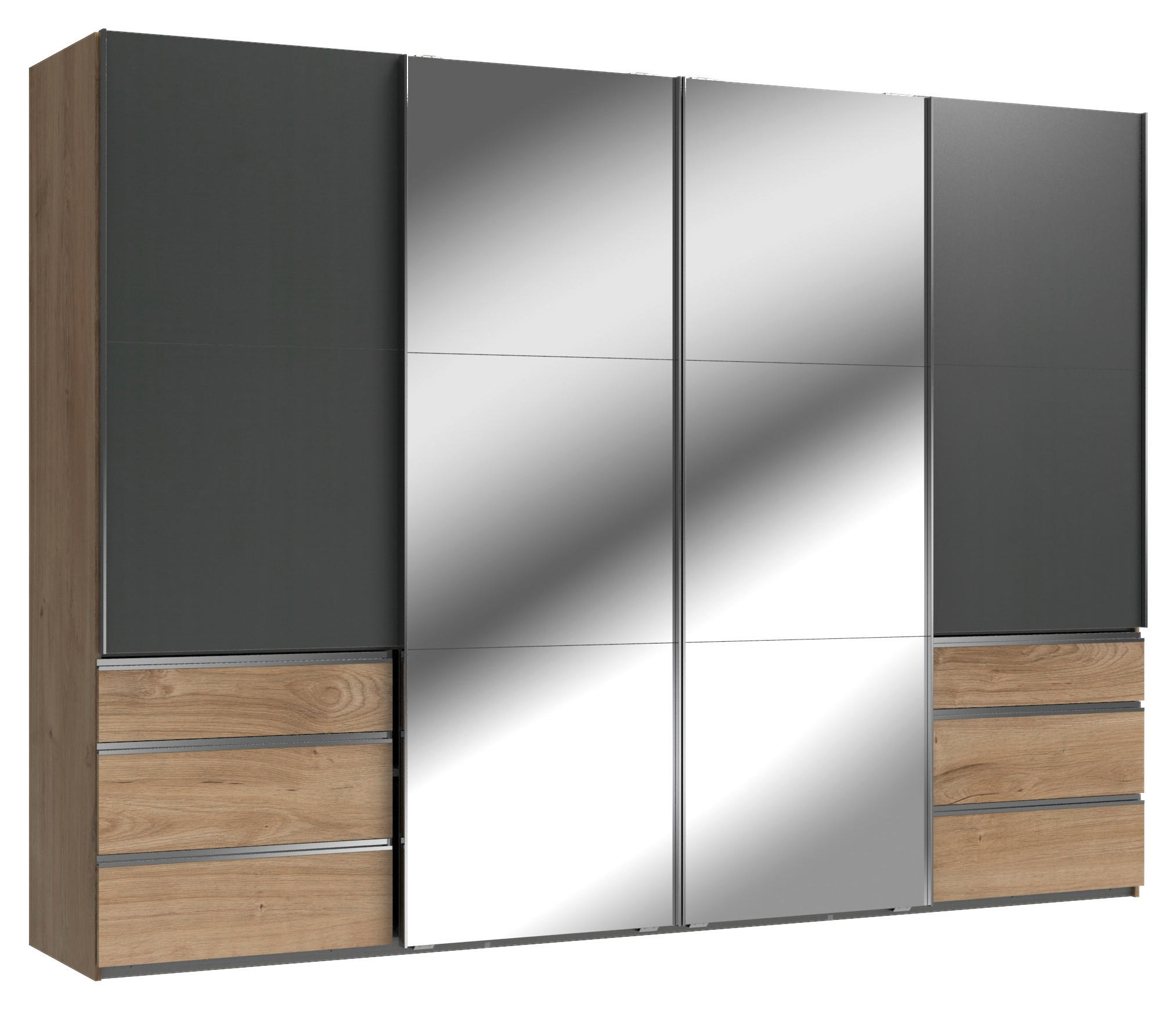 SCHWEBETÜRENSCHRANK 300/216/65 cm 4-türig Graphitfarben, Eichefarben  - Chromfarben/Eichefarben, MODERN, Glas/Holzwerkstoff (300/216/65cm) - MID.YOU