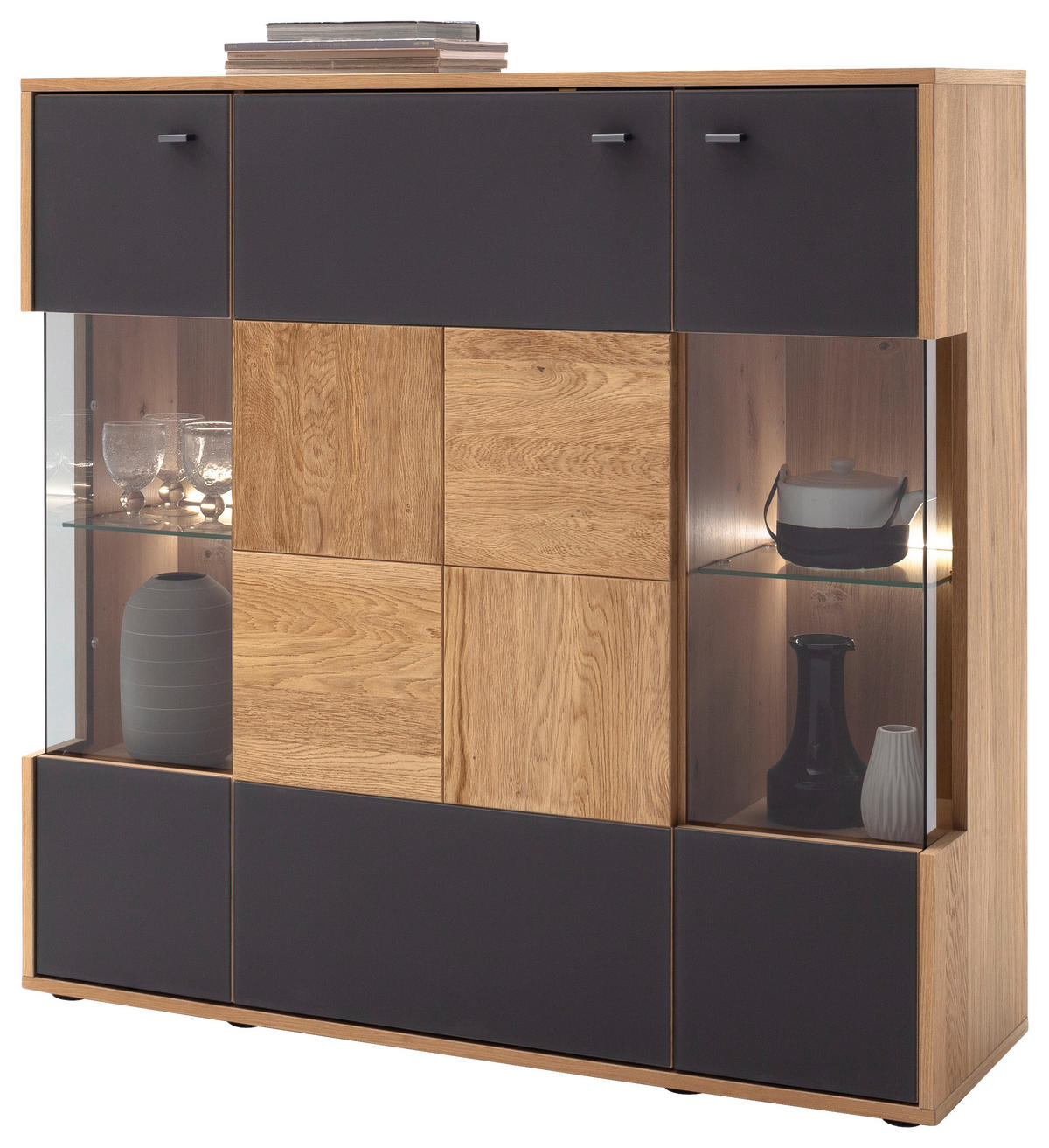 VYSOKÁ KOMODA, trámový dub, antracitová, dub bianco, 124/120/37 cm - černá/antracitová, Design, kov/dřevo (124/120/37cm) - MID.YOU