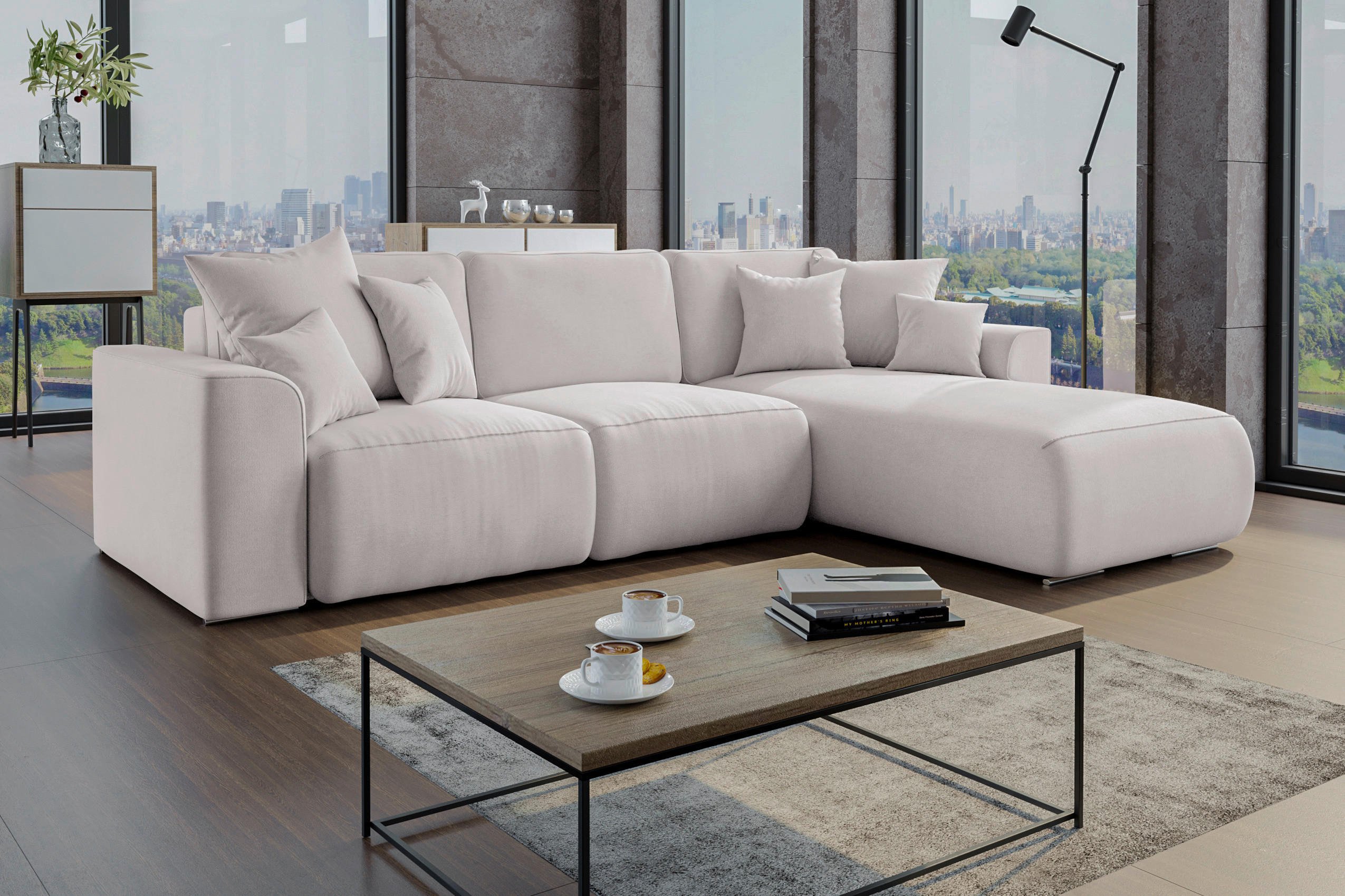 ECKSOFA in Velours Hellgrau  293/195 cm  - Chromfarben/Hellgrau, KONVENTIONELL, Kunststoff/Textil (293/195cm) - Carryhome