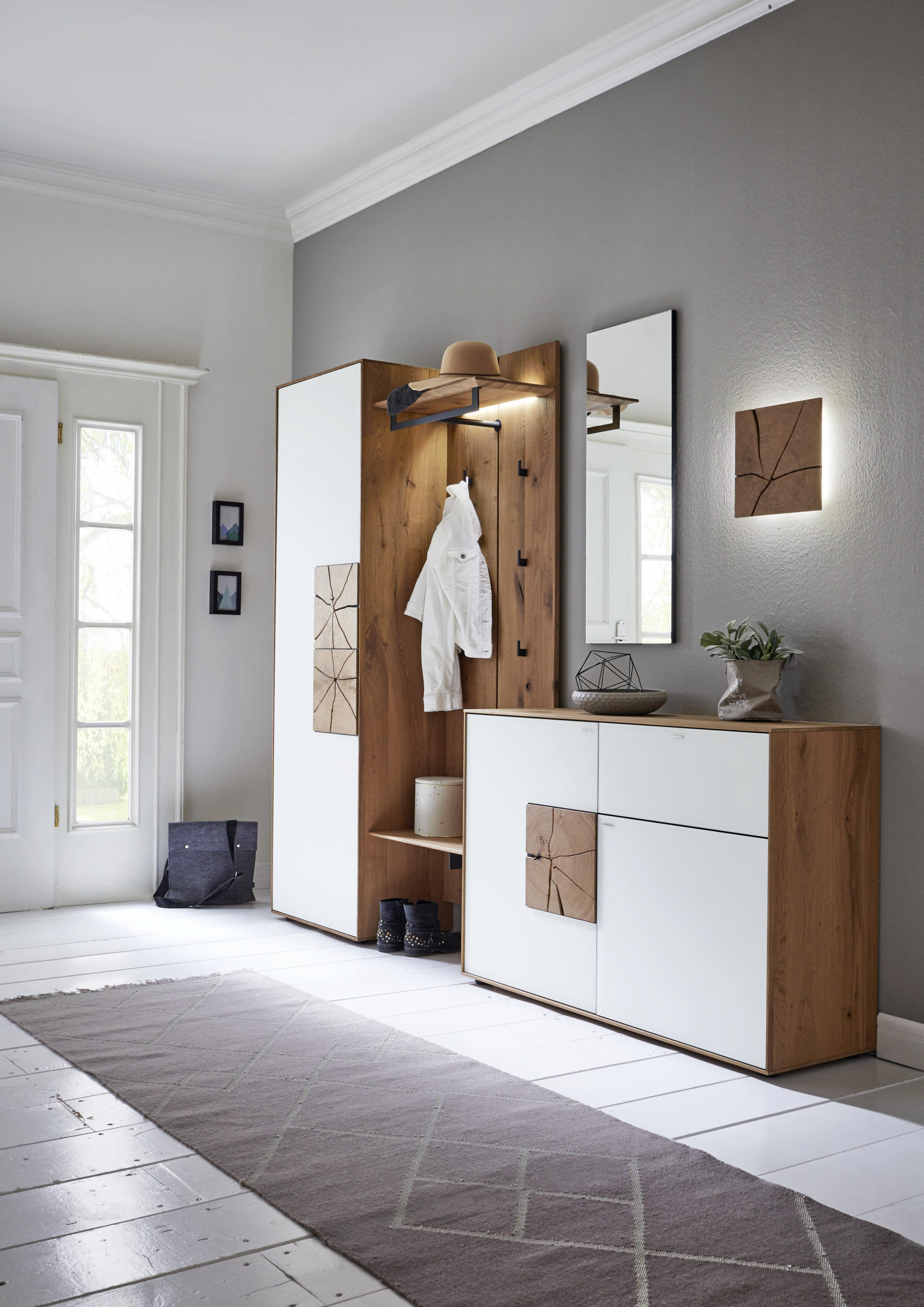 GARDEROBE 5-teilig  in  - Weiss/Eichefarben, Design, Glas/Holz - Valdera