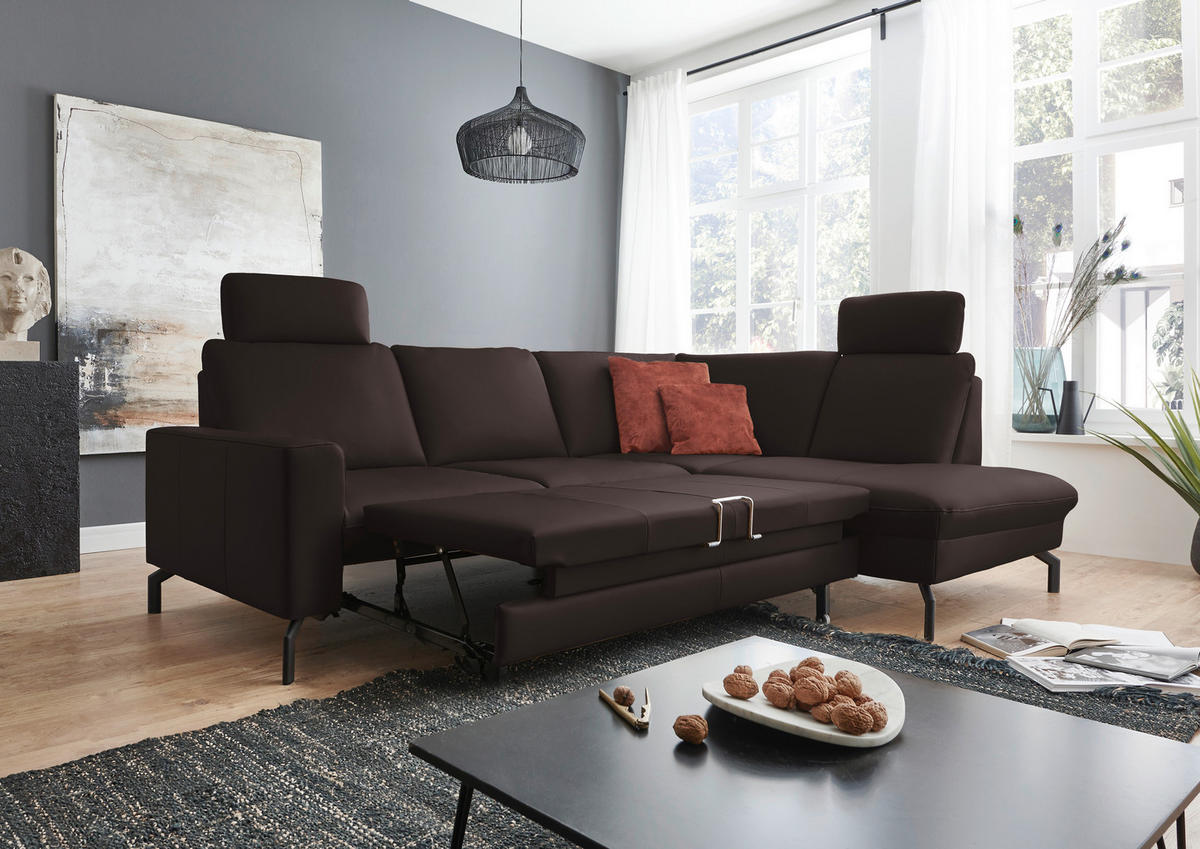ECKSOFA in Echtleder Dunkelbraun  - Dunkelbraun/Schwarz, Design, Leder/Metall (250/194cm) - Beldomo Premium
