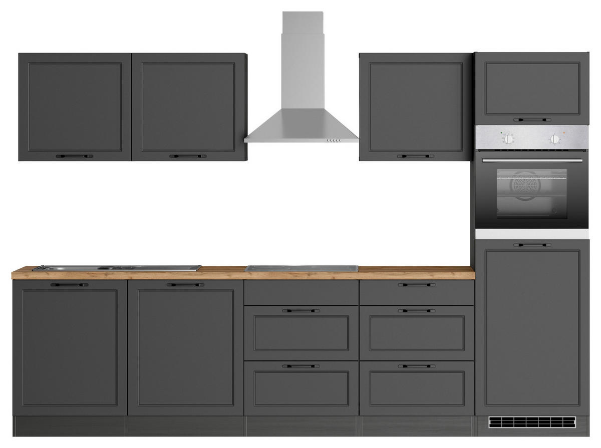 KÜCHENBLOCK 300 cm   in Grau, Eiche Wotan  - Eiche Wotan/Schwarz, Lifestyle, Holzwerkstoff/Metall (300cm) - Held