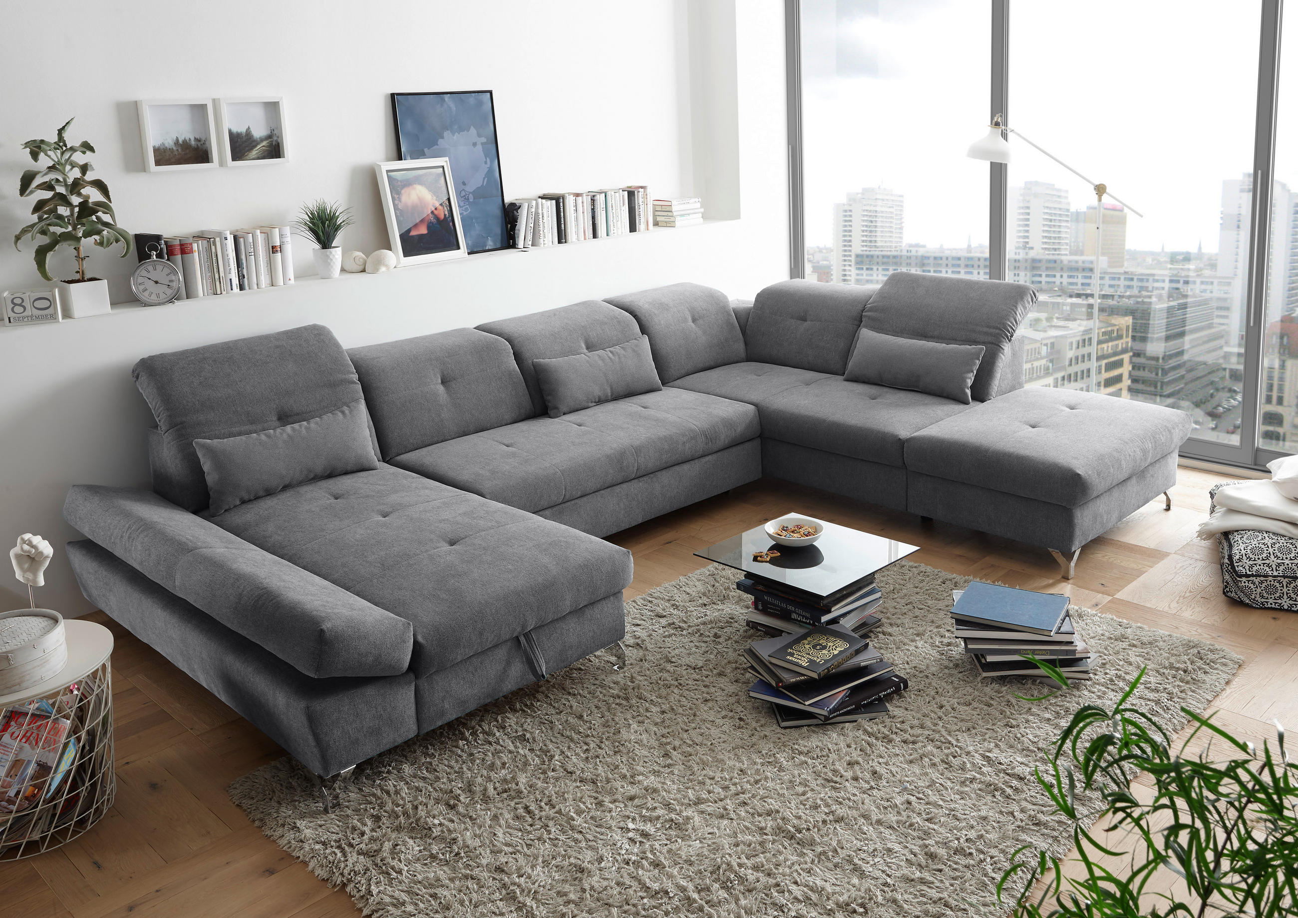 WOHNLANDSCHAFT in Mikrovelours Dunkelgrau  - Dunkelgrau/Silberfarben, Modern, Textil/Metall (168/350/245cm) - MID.YOU