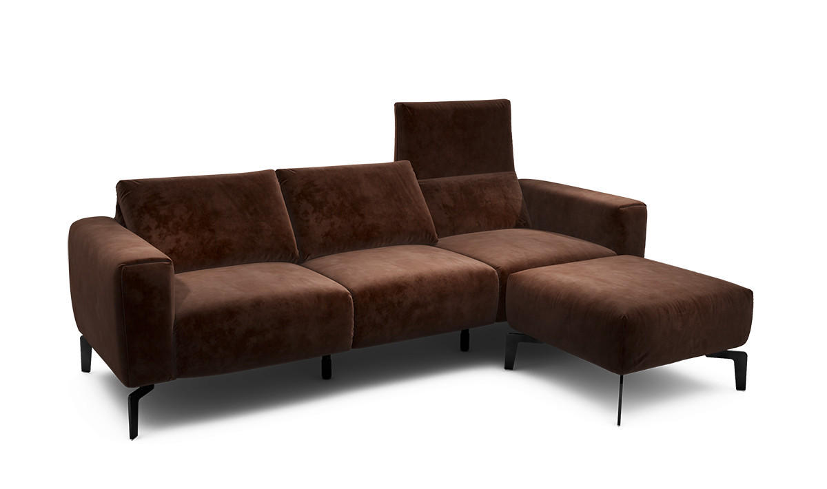 Dreisitzer inkl. Hocker Samt Braun  - Schwarz/Braun, Design, Textil/Metall (250/86/86-94cm) - SENSOO