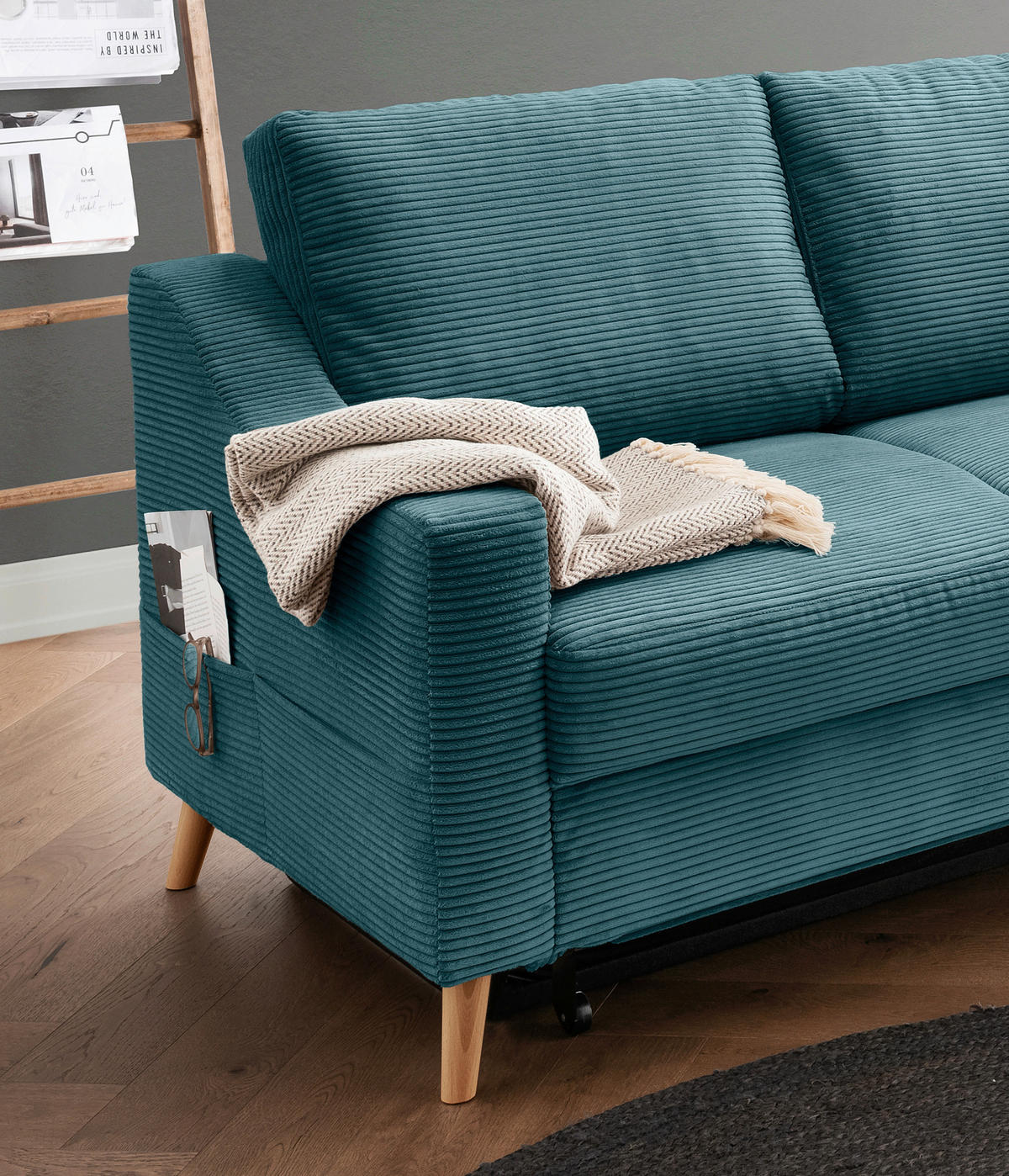 ECKSOFA in Cord Petrol  - Petrol/Naturfarben, MODERN, Holz/Textil (230/200cm) - Livetastic