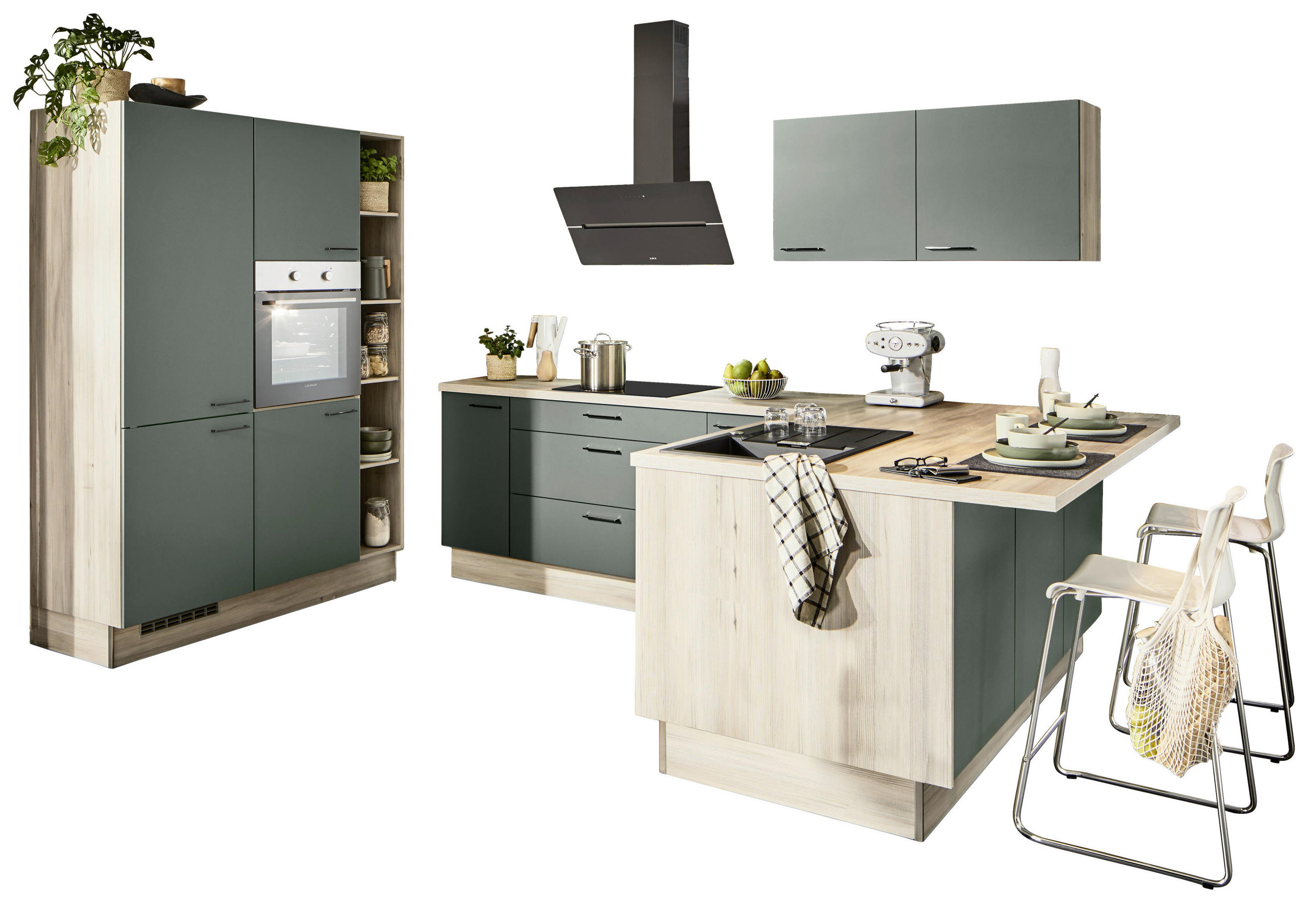 ECKKÜCHE XO 10  in Grün, Tannenholzfarben  - Tannenholzfarben/Schwarz, Design, Holzwerkstoff/Metall (150/280/121,6cm) - Xora