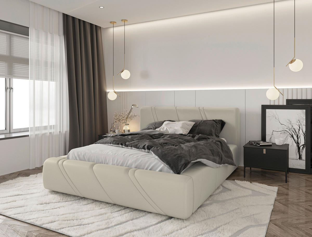 POLSTERBETT 140/200 cm,  in Beige, gepolstertes Kopfteil, Lattenrost, Bettkasten,  - Beige/Schwarz, Design, Holz/Kunststoff (140/200cm) - Chameo