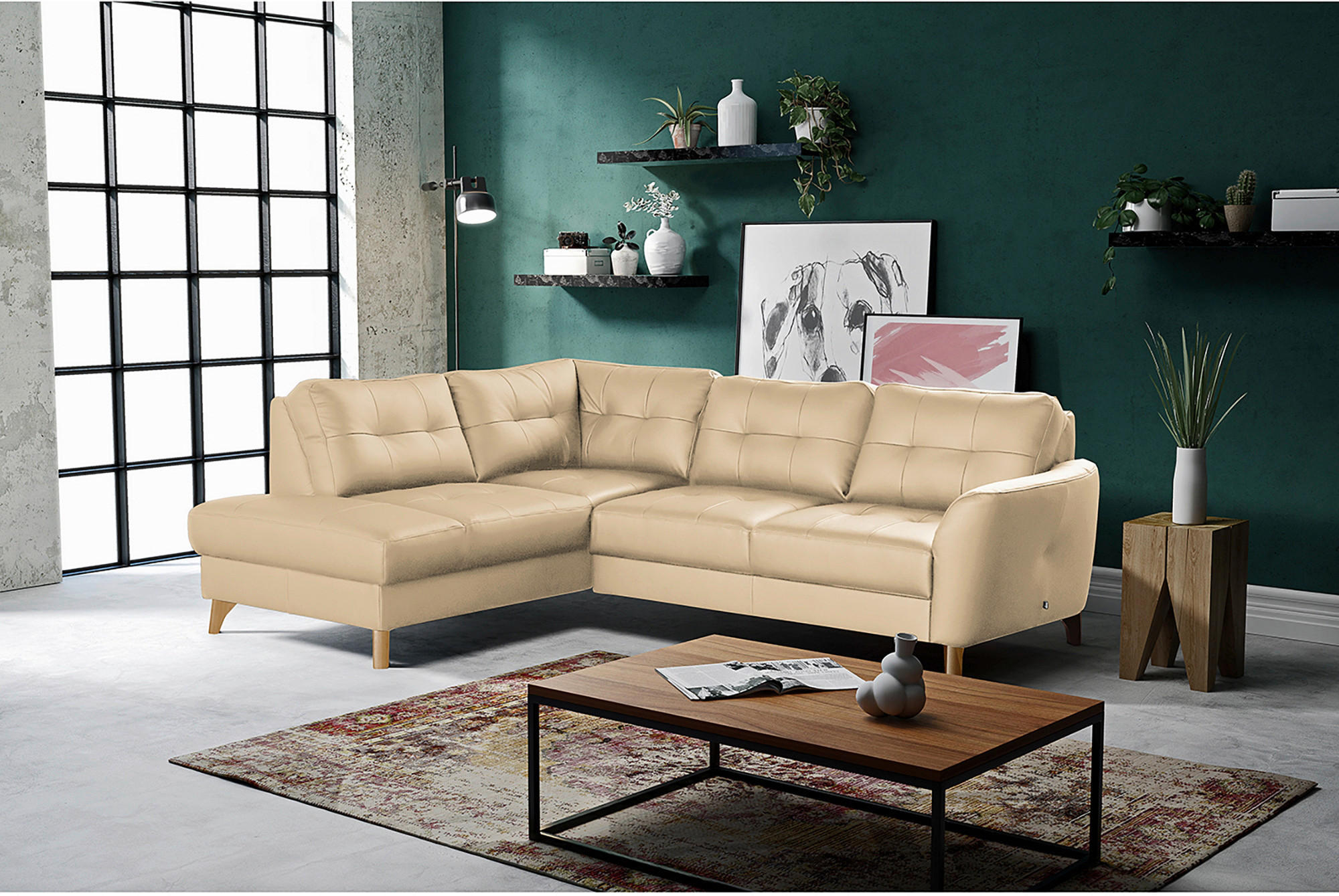 ECKSOFA in Lederlook Echtleder Beige  - Beige/Buchefarben, Design, Leder/Holz (190/236cm) - Livetastic