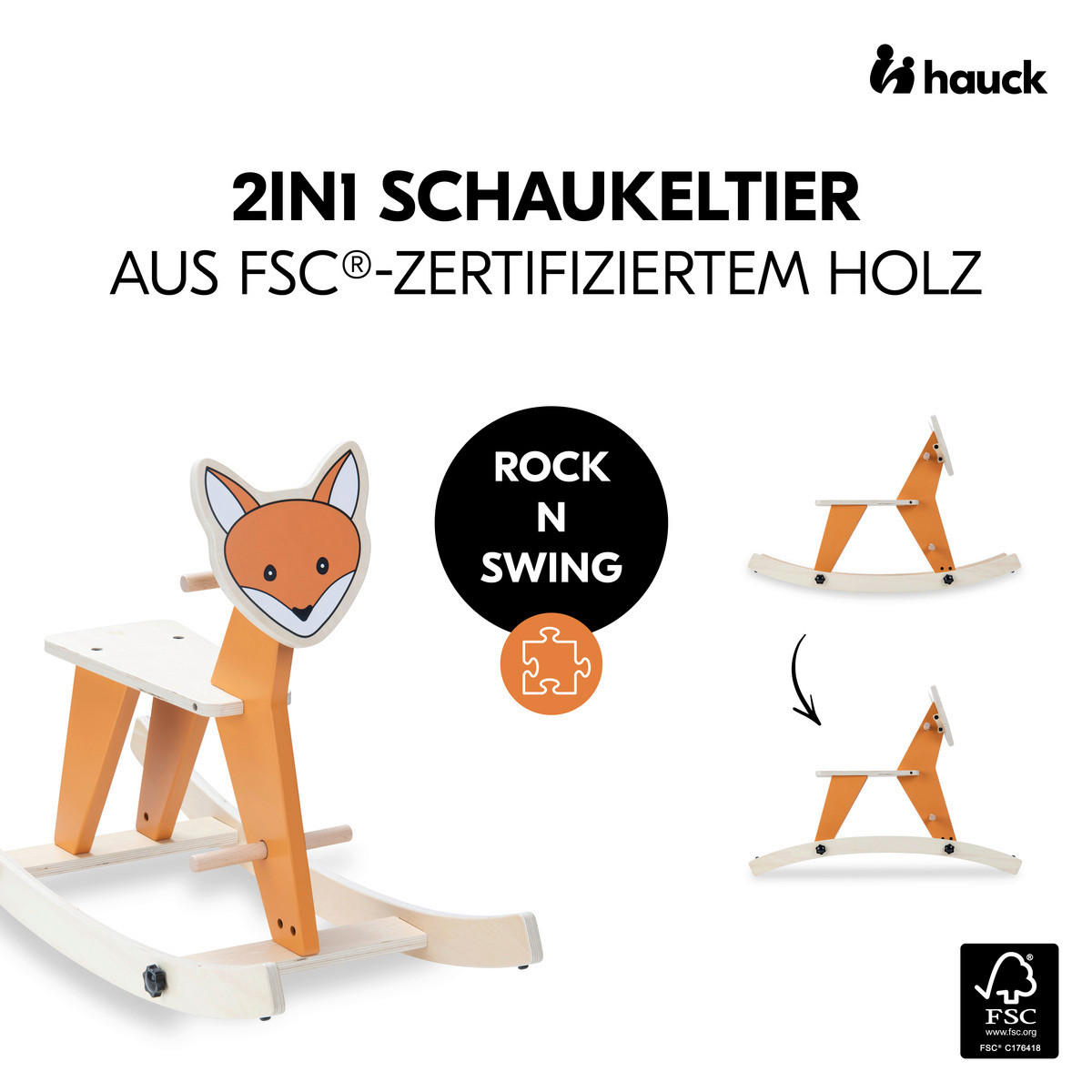 SCHAUKELTIER - Naturfarben/Orange, Basics, Holz (32,5/55/82cm) - Hauck